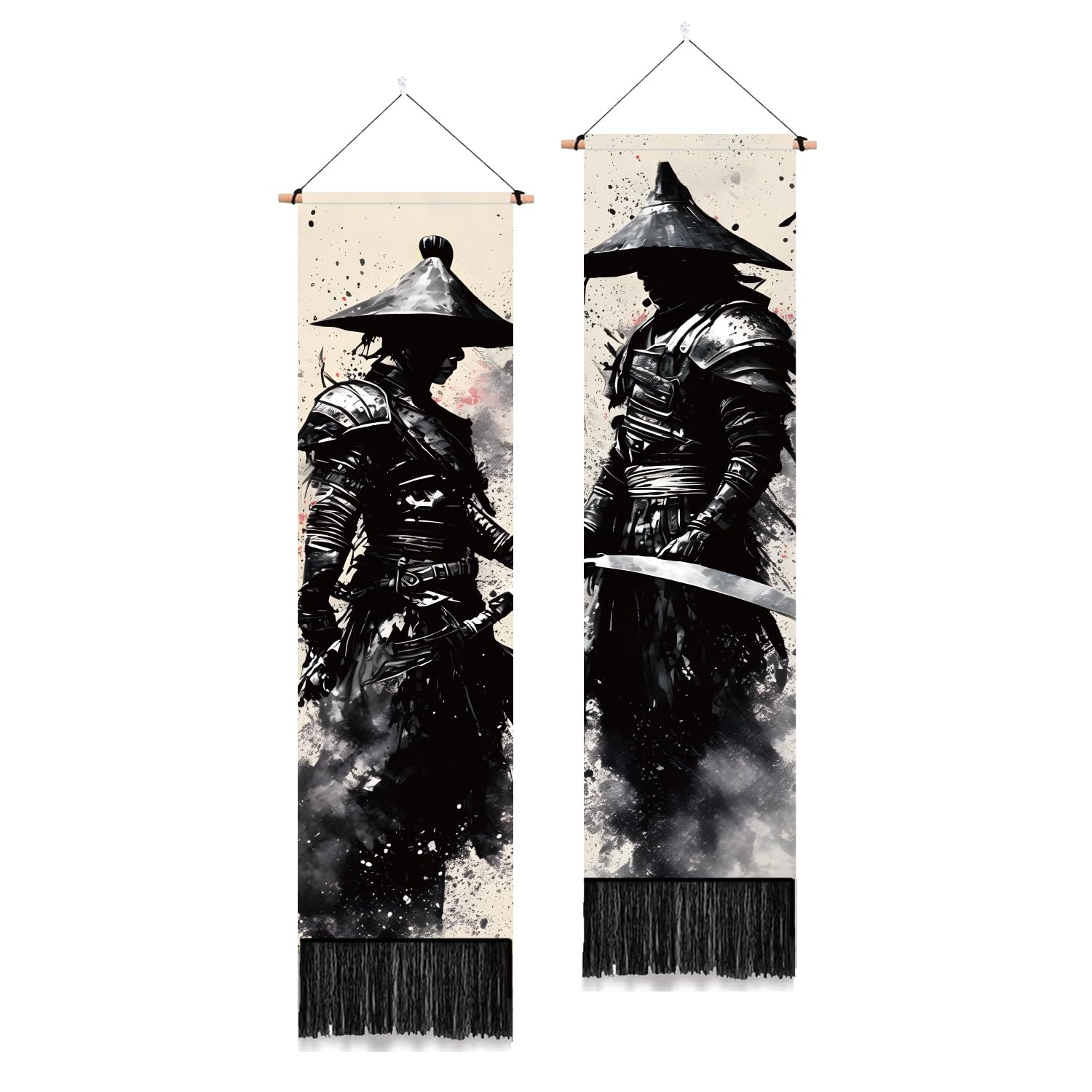 PLIGREAT 2 Pack Ink Style Tapestry Japanese Samurai Vertical Wall Hanging with Tassels Black Aesthetic Wall Tapestry for Bedroom Living Room Dormitory Backdrop Home Art Decor