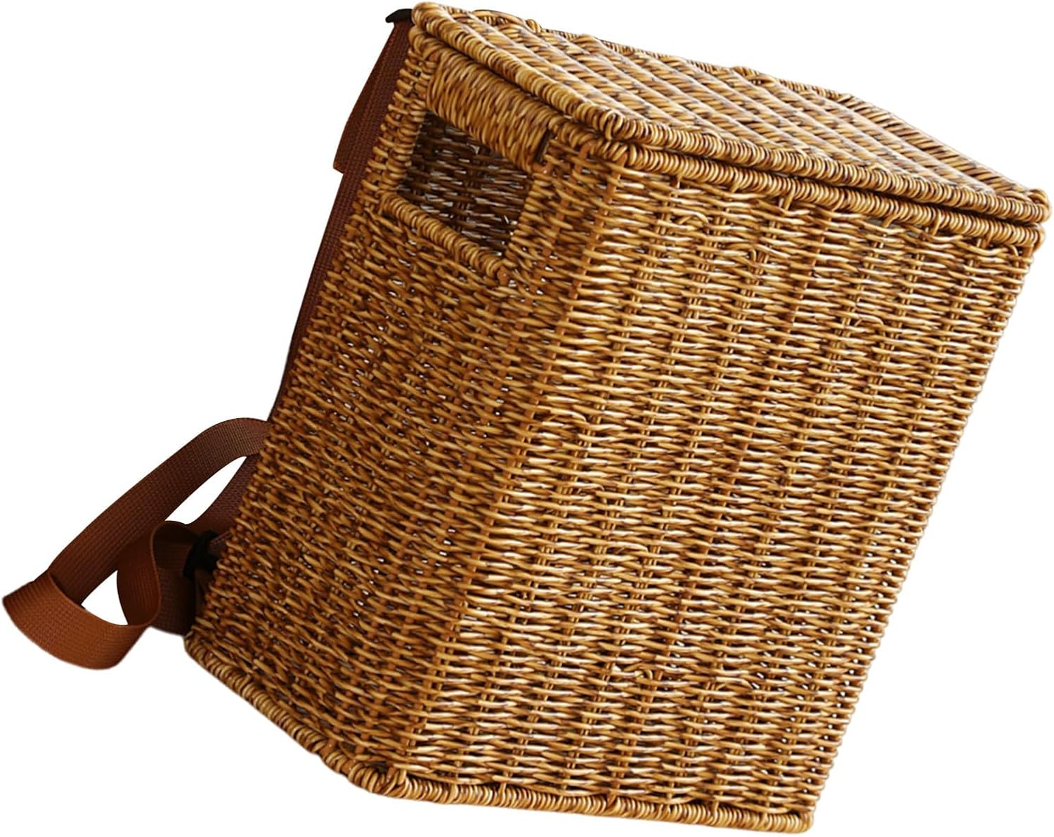 VALICLUD Tall Narrow Rattan Shopping Basket with Lid, Handles and Straps