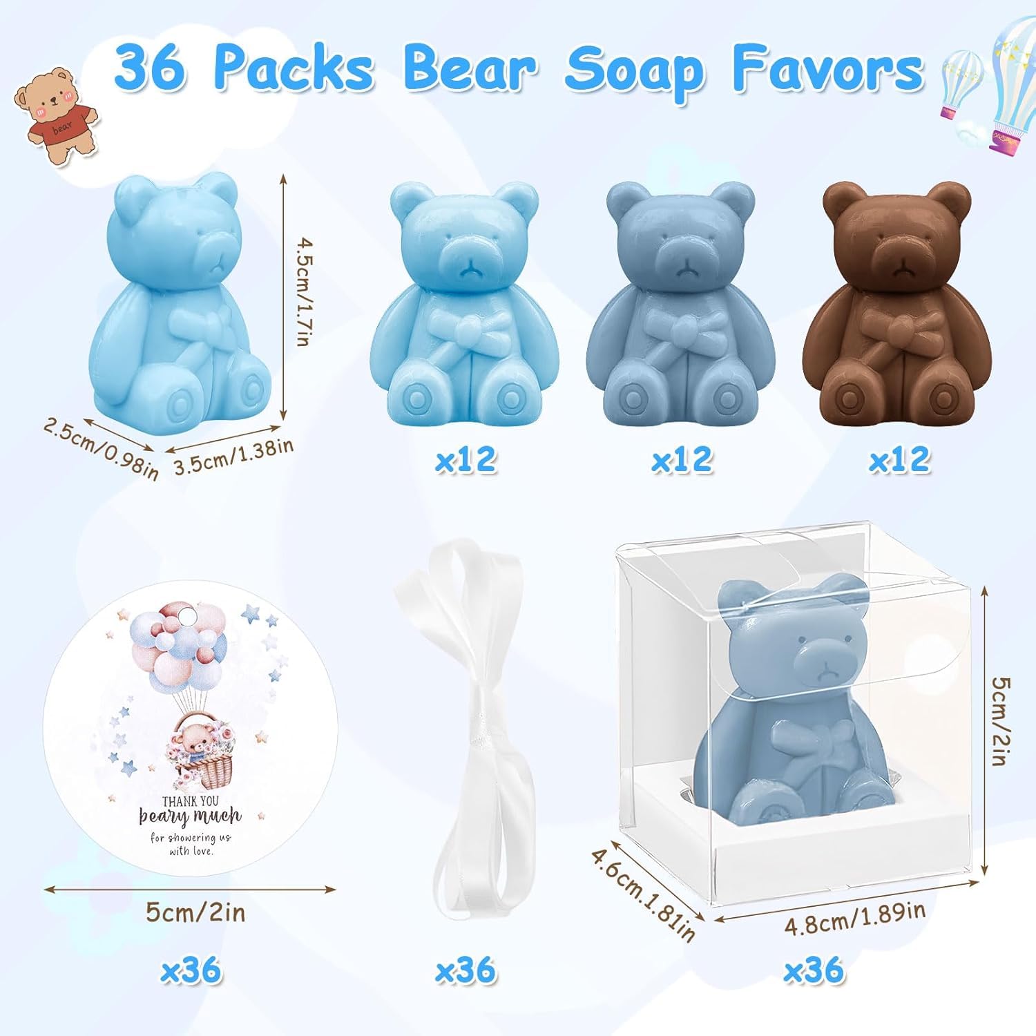 Lot de 36 Souvenirs de Savons Ourson pour Baby Shower avec Cartes de Remerciement et Boîtes pour Décoration, Cadeaux Invités, Fournitures de Mariage (Marron Foncé et Bleu)