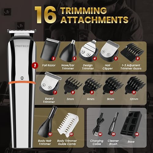 Miniatura 4 de PRITECH Cortadora de barba para hombres, kit de cortapelos 6 en 1, kit de aseo inalámbrico de precisión impermeable IPX6 para barba, cabello,