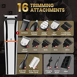 PRITECH Beard Trimmer for Men,6 in 1 Hair Clippers Kit, Precision Cordless Grooming Kit Waterproof IPX6 for Beard, Hair, Body, Nose, Ear, with Foil Razor (Silver)