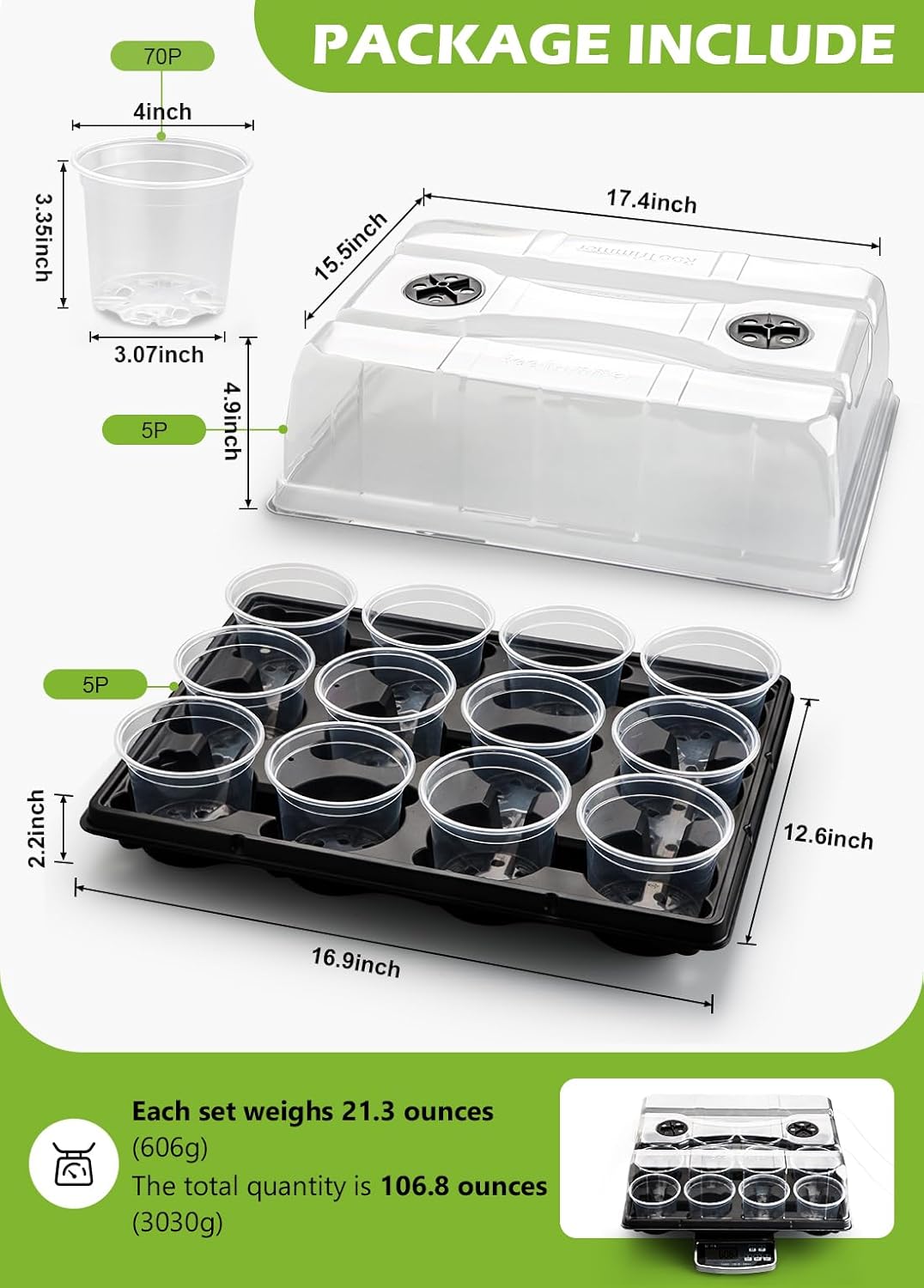 RooTrimmer 5 Pack 12 Cell Nursery Pot Trays with Adjustable Humidity Domes & 4 Inch Clear Pots 60 Pack, Sturdy Seed Starting Kit for Greenhouse Garden, Reusable Plant Growing Germination 5 Sets