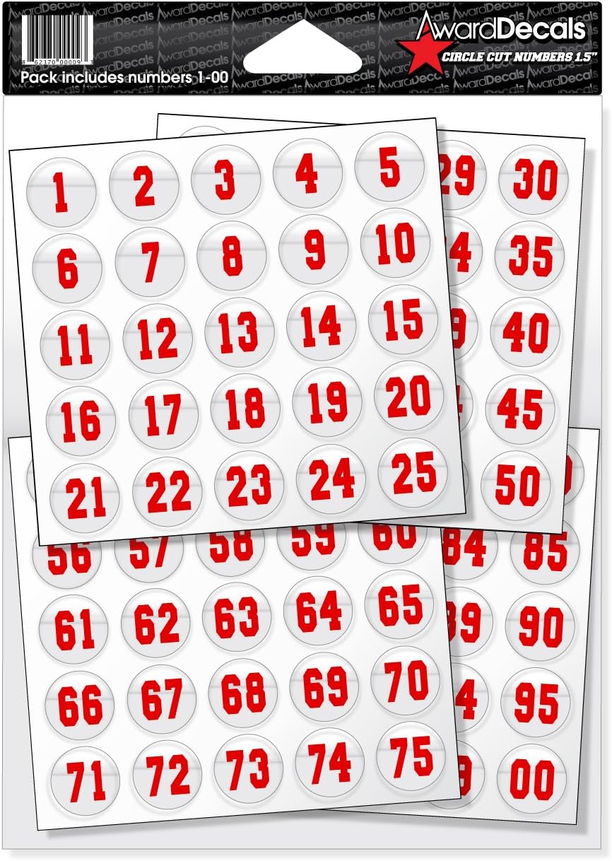Number Stickers for Helmets Red on Clear (Football, Baseball, Softball, Hockey, Lacrosse, Etc.) 1-100 The Original Award Decals Premium 20mil Thick Helmet Decals Made in The USA Since 1976