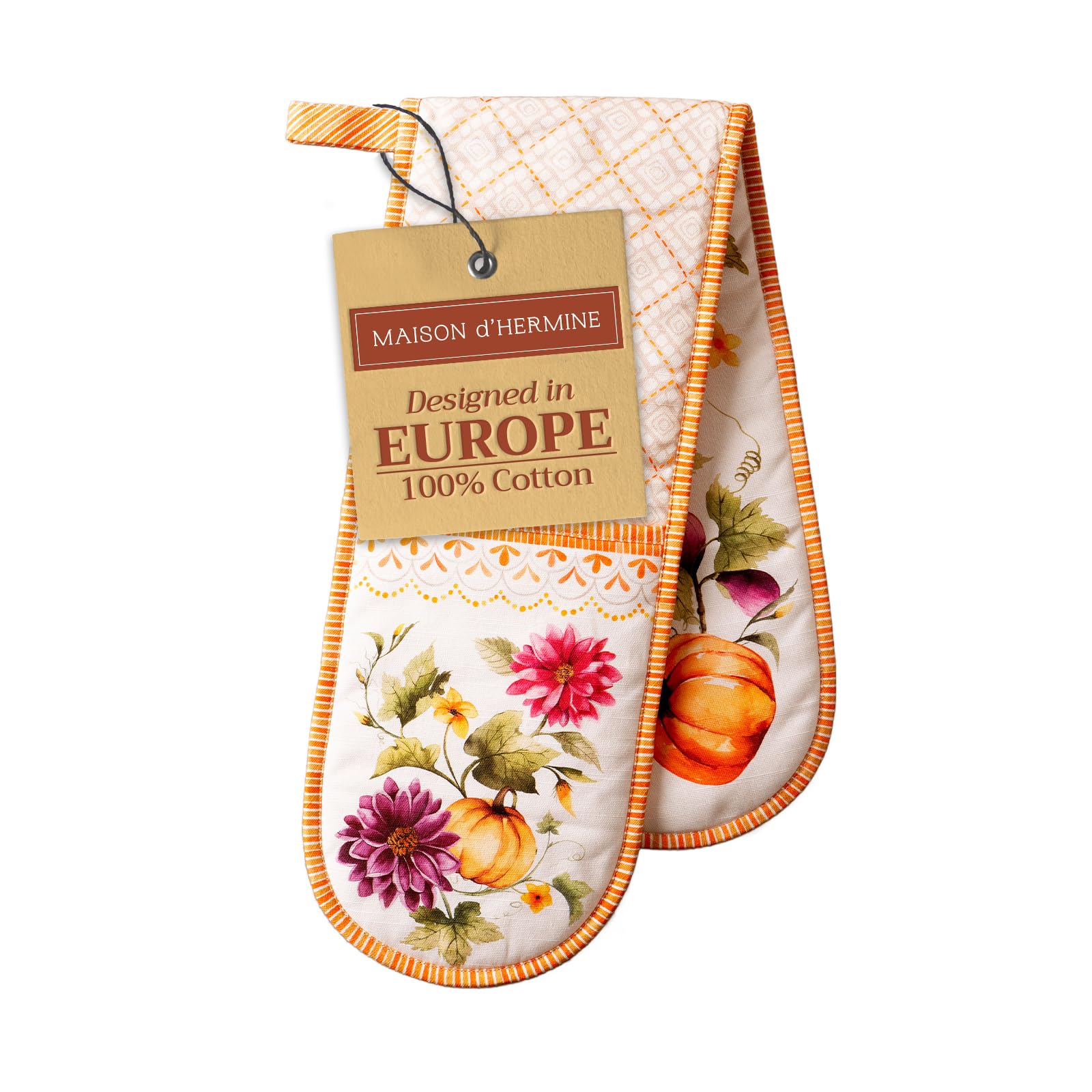 Maison D' Hermine 094 - Pumpkin Garden - Cloudy Cream Double Oven Mitt (18 Cm X 89 Cm) 100% Cotton Heat Resistant Bbq Cooking Gloves With Loop For Christmas Decorations Cooking Barbeque Handling Hot Pan (Pumpkin Garden - Cloudy Cream)