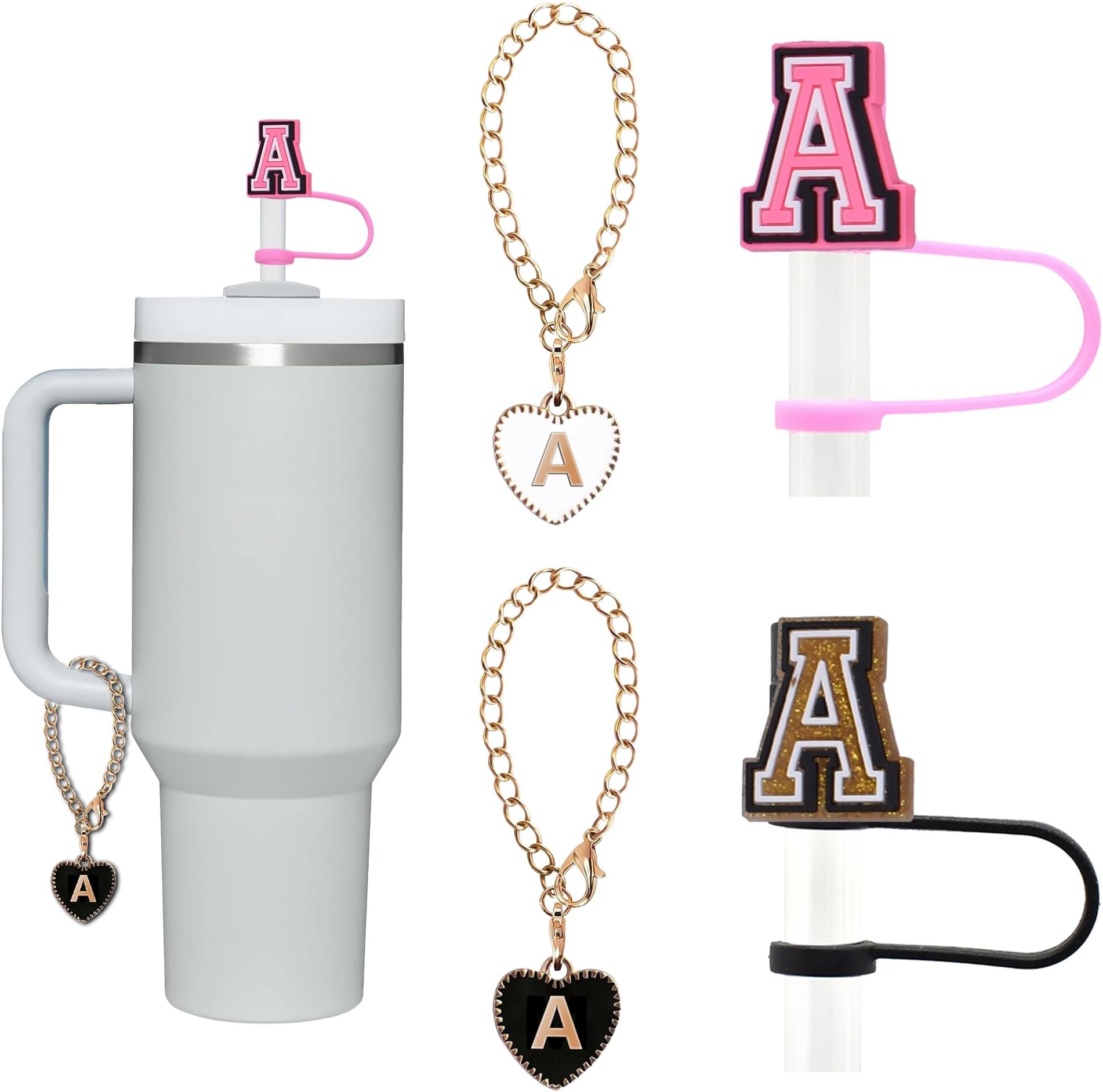 Linmaya Stanley Cup Accessories, 2PCS Letter Straw Cover For Stanley Cup 40/30oz with 2 Letter Charms, Initial Straw Topper and Charms