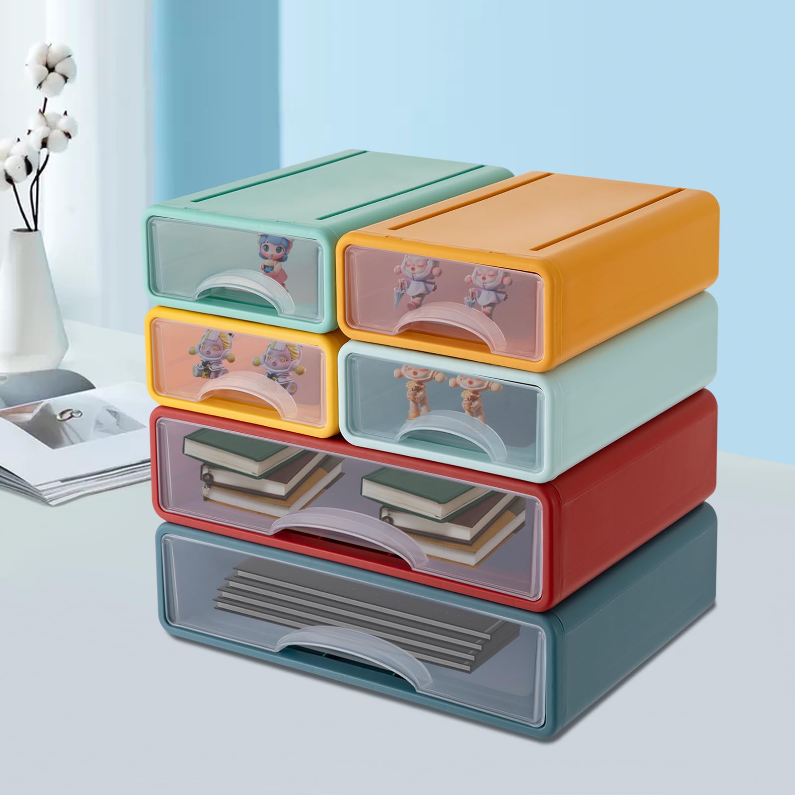 Caja de almacenamiento de oficina con 6 cajones, cajones de plástico, cajones de almacenamiento apilables para uso en casa y oficina para guardar documentos, suministros de oficina