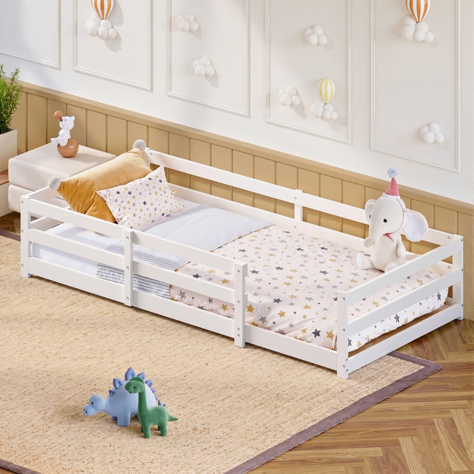 Lit Au Sol Montessori 90x200cm,Cadre de Lit 1 Personne avec Quatre Barrières Latérales,Sommier à Lattes Roustes,pour Garçons Filles(90-Blanc)
