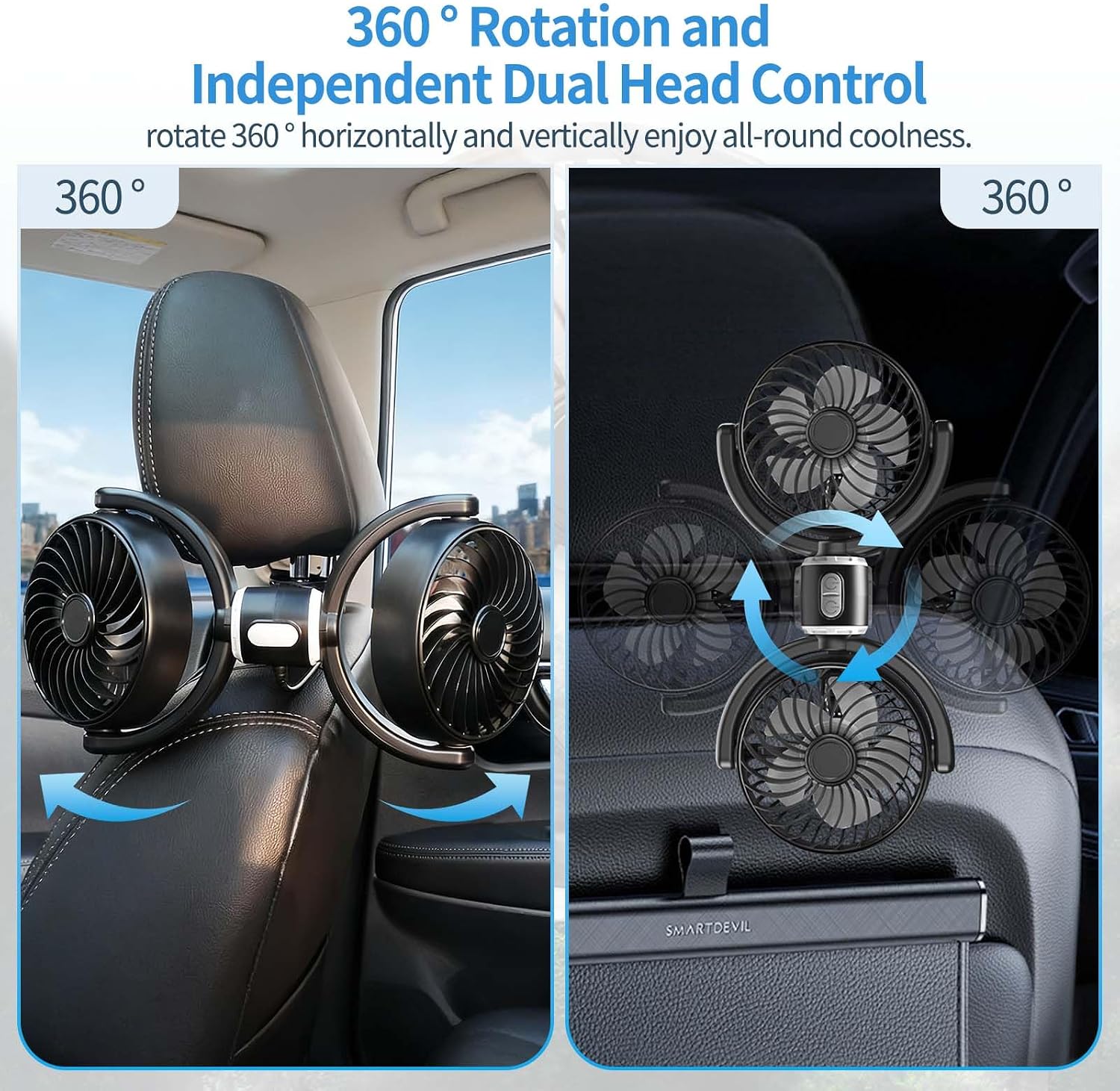 Car Fan for Backseat kids, Dual Head USB Car Seat Fans,Powerful 3 Speeds 360° Rotatable Dual Head Cooling Car Seat Fan for Sedan SUV RV Truck Vehicle