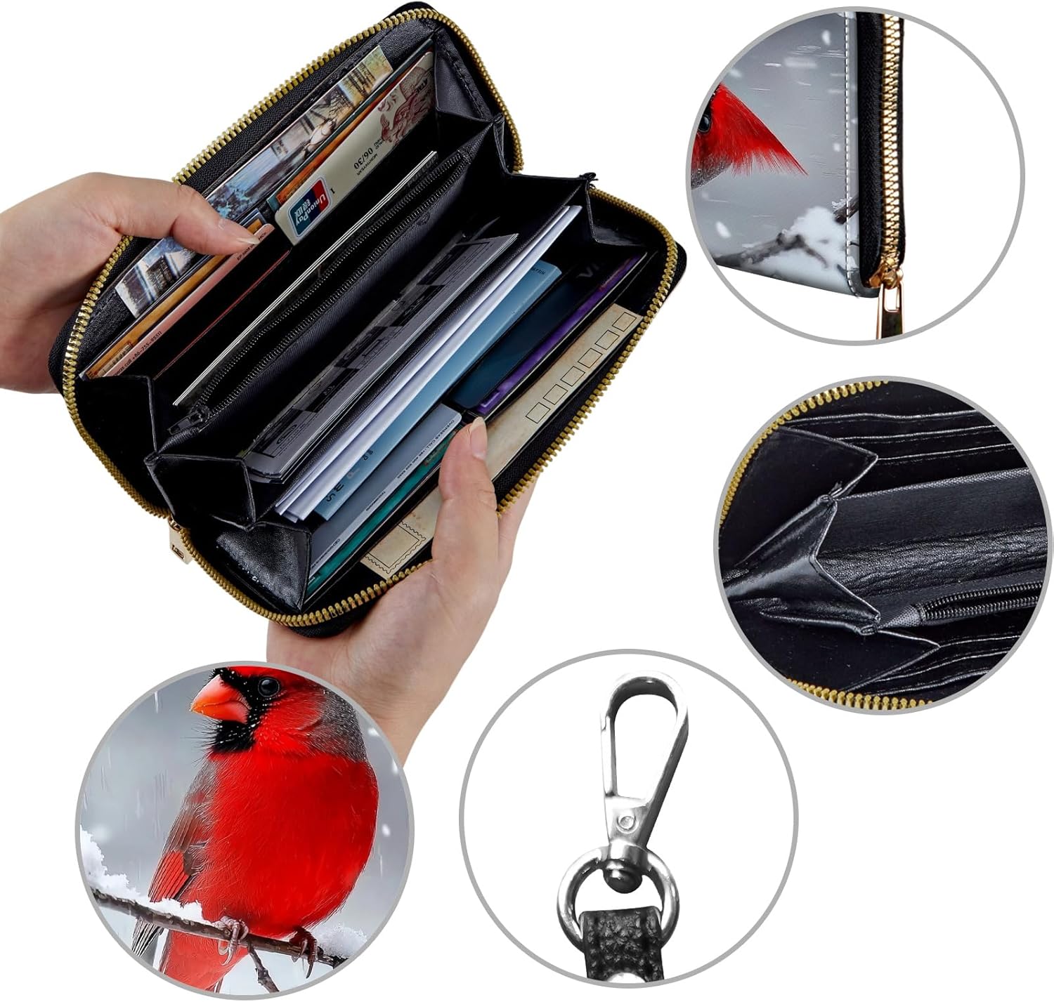 Women's Wallets,Credit Card Holder Money Leather Long Wallet with Wristlet,Large Capacity with Zip-Around Phone Purse for Women Ladies Girls,Red Cardinal Bird - Image 4