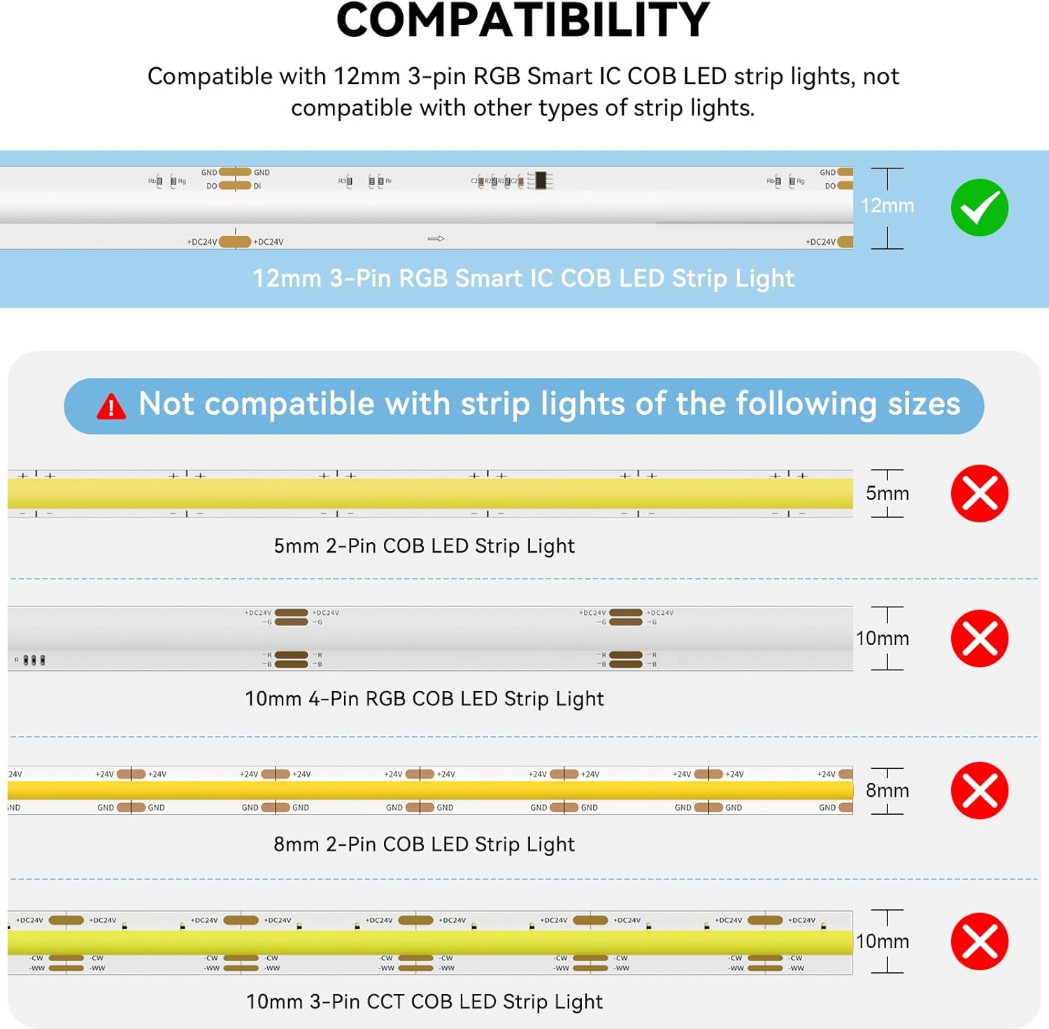 PAUTIX 12mm 3-Pin Connectors for RGB Smart IC COB LED Strip Lights,Solderless Terminal Connection Kit,Dual-End Extension,Strip to Male Plug,Gapless,Strip to Wire Connectors,24V 12V 5V LED Light Strips - Image 7