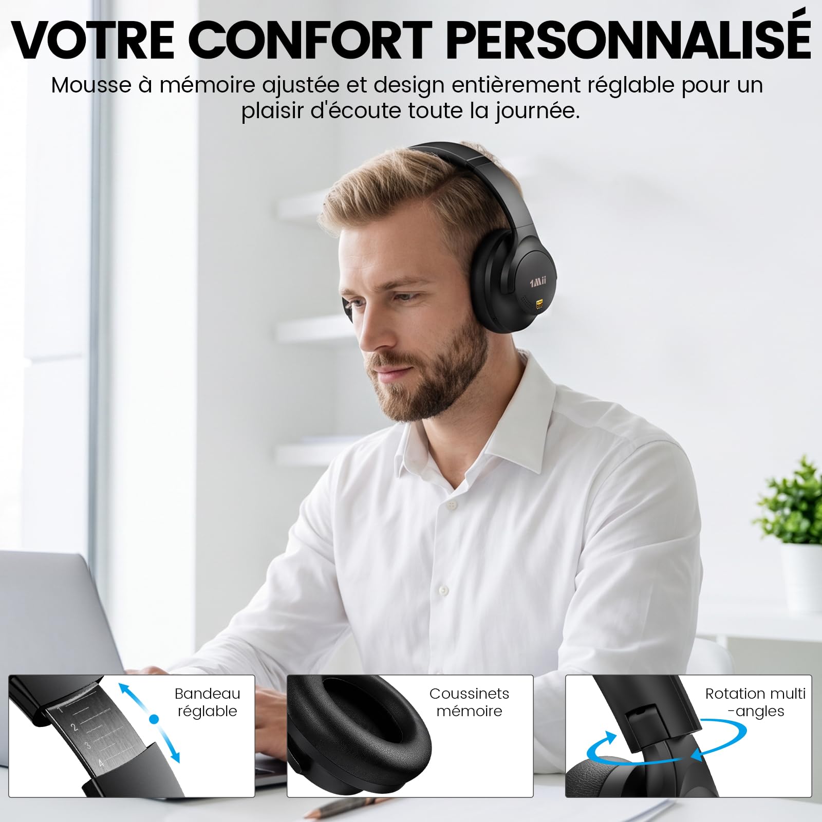 1Mii Y8+ Casque Bluetooth 6.0 sans Fil Anti Bruit, Réduction de Bruit Active Hybride, Son 100H d'Autonomie, LDAC Hi-Res Audio, Bass Boost, EQ Personnalisé Via App, Confortable Over-Ear - Noir