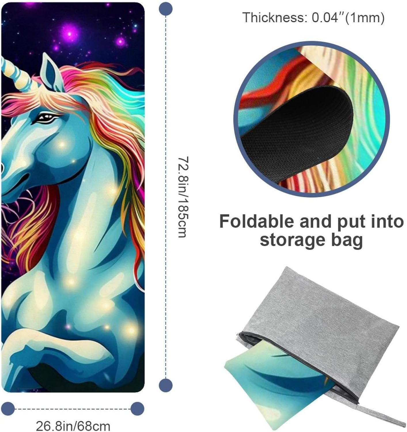 Yoga Towel, Rainbow Unicorn Pattern Non Slip Sweat Absorbent Hot Yoga Mat Towel for Hot Yoga, Pilates and Fitness - 72.8" x 26.8"