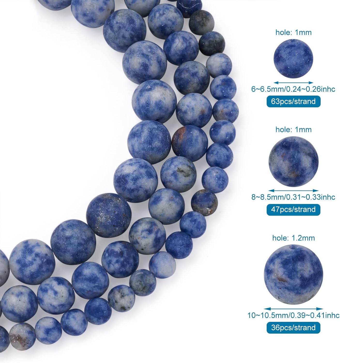 Pandahall 3 Strands Natural Blue Spot Jasper Beads Strands 6-10.5mm Undyed Frosted Round Gemstone Loose Beads Spacer Beads for Jewelry Crafts Making - Image 3