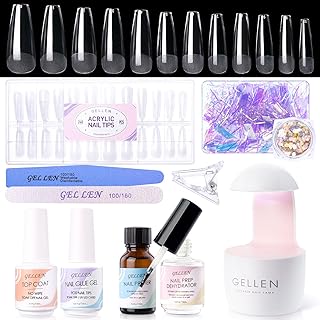 Gel Nail Kit Coffin 240pcs Nail Tips Extension Set with Everything, Etch X Nail Tips DIY Kit Long Coffin Gel Nail Glue U V Light for Women