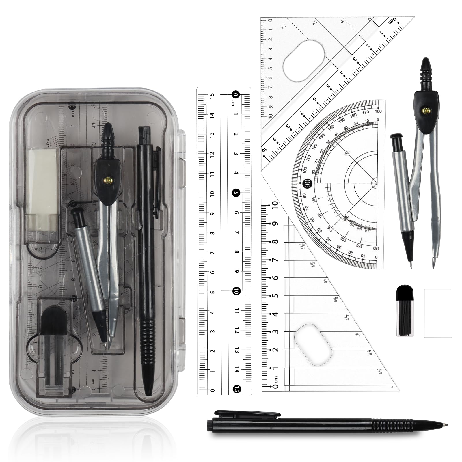 Set Geometria Per Scuola - Compasso In Metallo, Goniometro, Righelli, 7 Pezzi, Colore Rosa