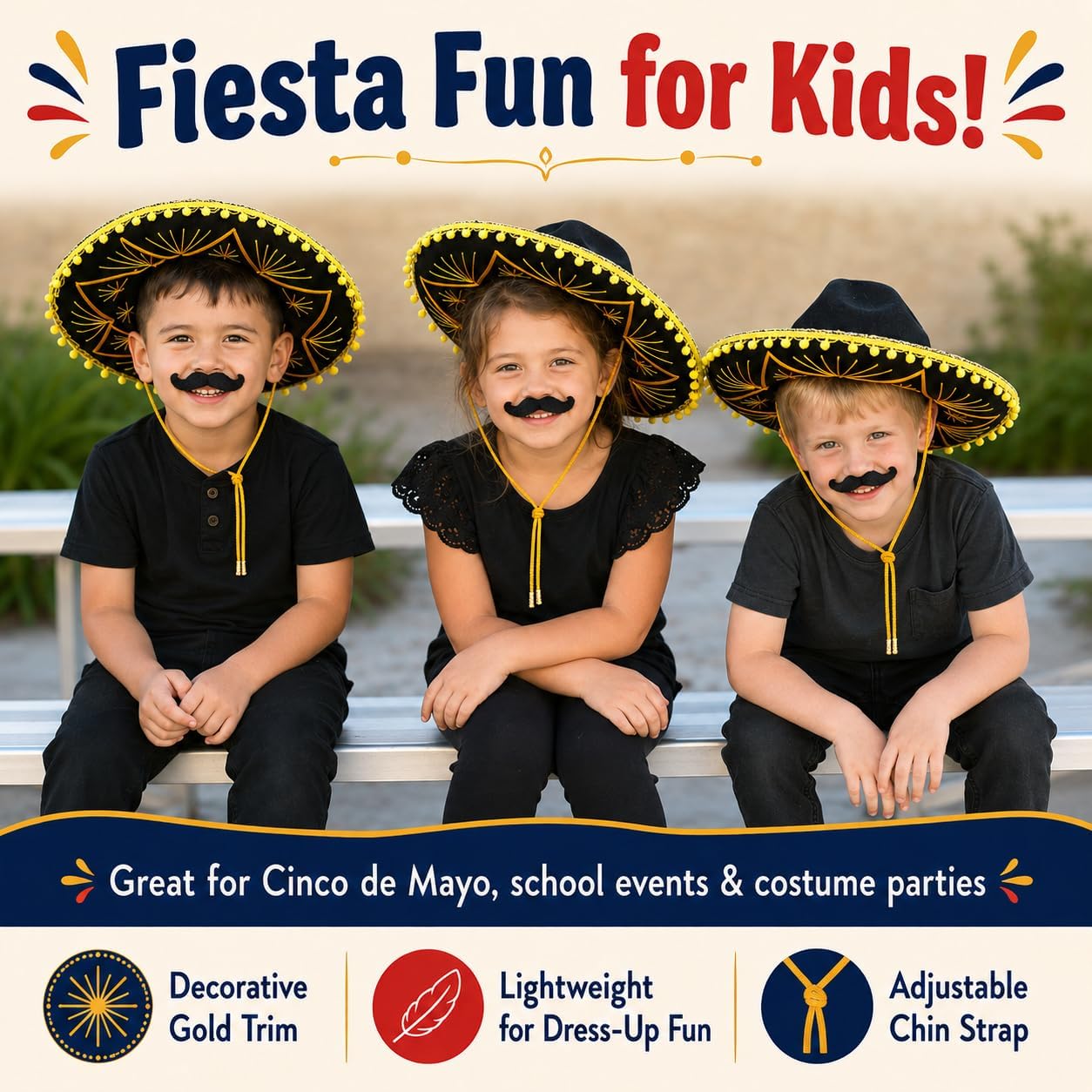 GiftExpress Kid Size Black Mariachi Sombrero Hat with Gold Trim, Sombrero for Cinco de Mayo, Halloween Costume, Mexican Fiesta Costume