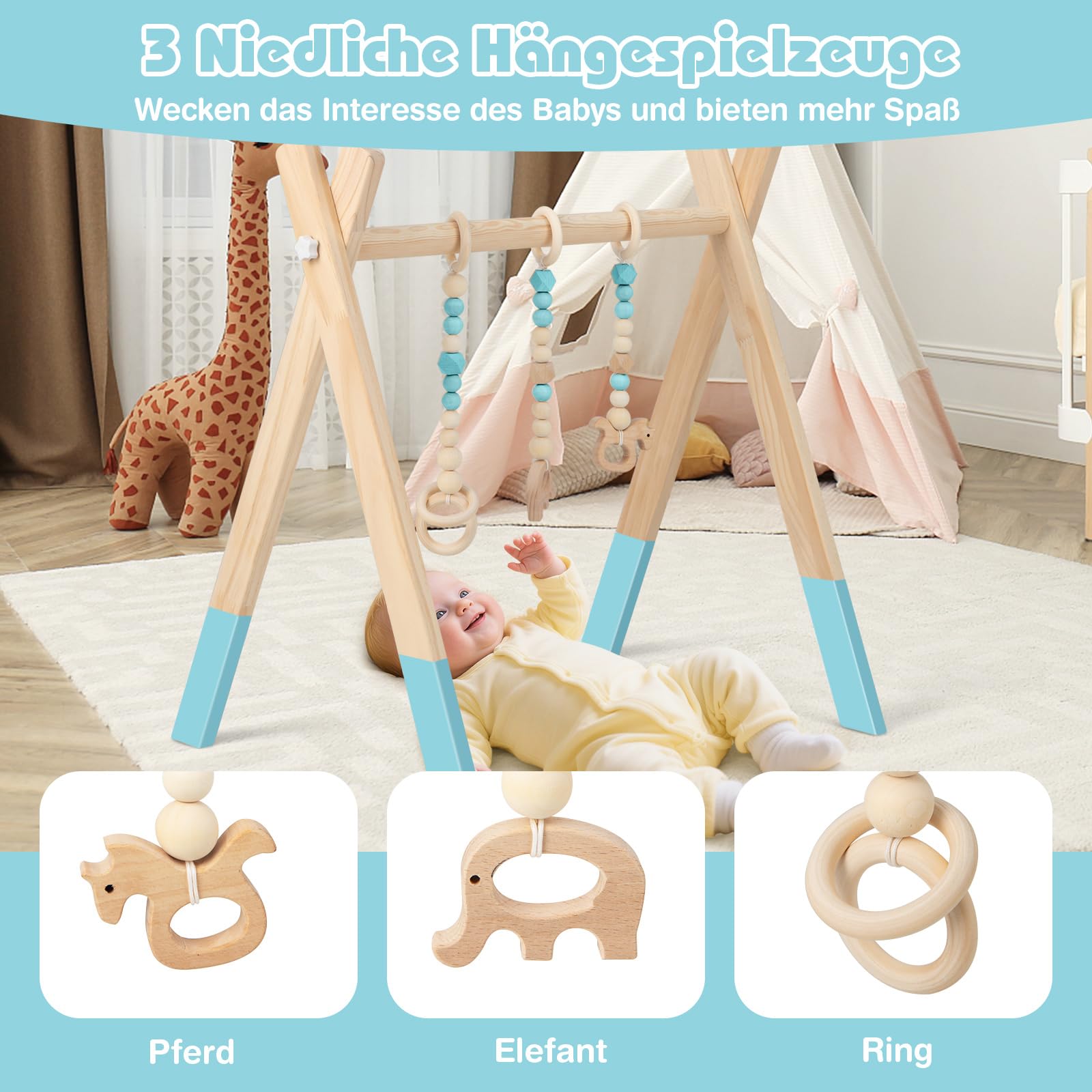 COSTWAY Baby Spielbogen Holz, Spieltrapez klappbar, Baby Gym mit 3 abnehmbaren Kinderspielzeugen, Spieltrapez für Babys über 3 Monate, Holzspielzeug zur Gehirnentwicklung (Grün)