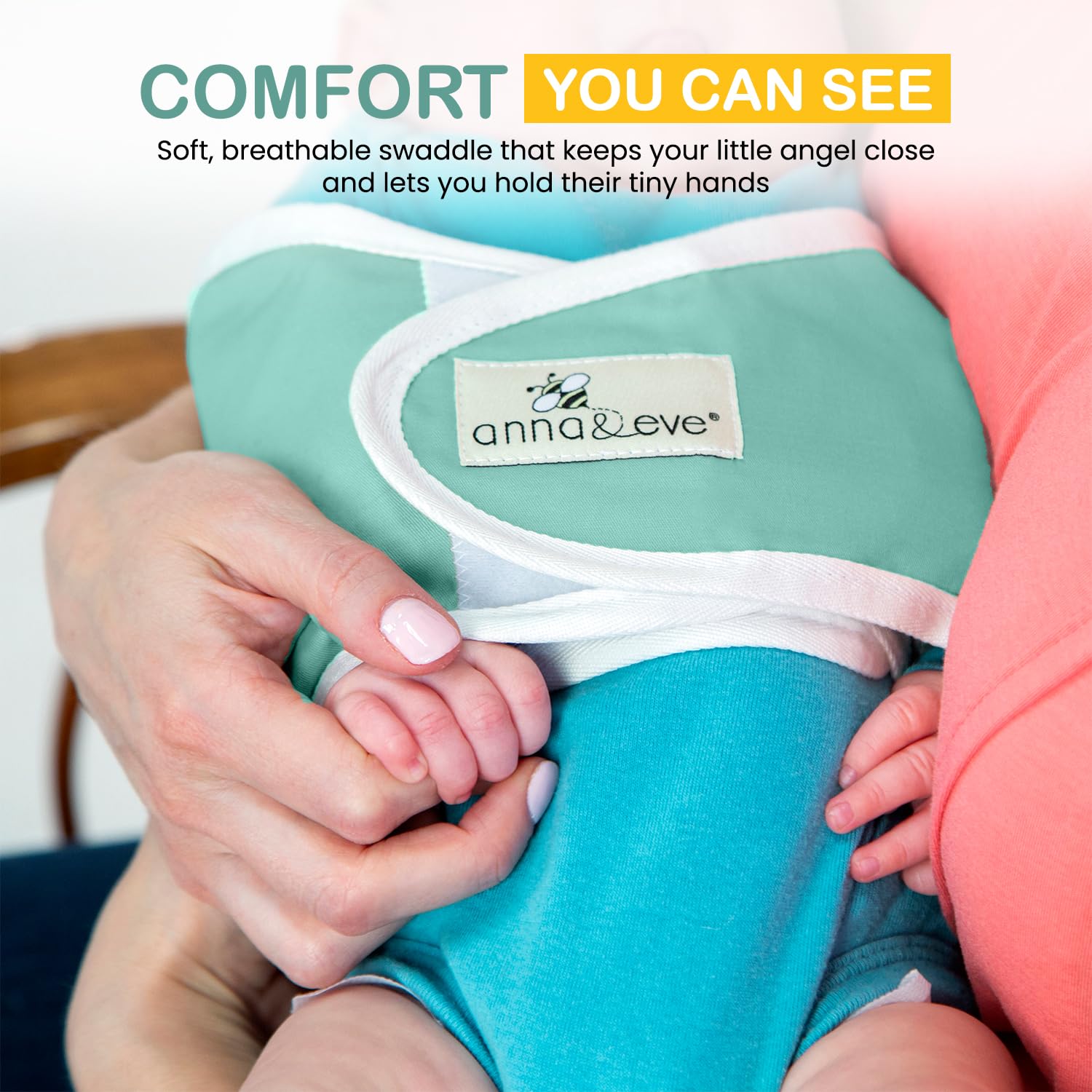 Anna & Eve® Baby Swaddle Strap for Newborns and Infants - 100% Cotton, No Overheating - The Original Arms Only - Adjustable Large Size Swaddle, Fits Chest 16" to 20.5" - Aqua
