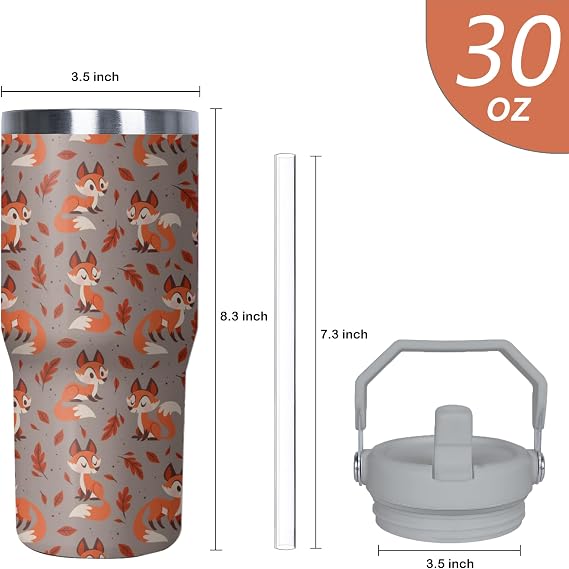 Fox Tumbler Saplı ve Flip Pipetli Kadın Erkek için, 30oz Sevimli Paslanmaz Çelik Yalıtımlı Bardak, Su Şişesi Seyahat Kahve Kupası, Hayvan Severler için Hediyeler
