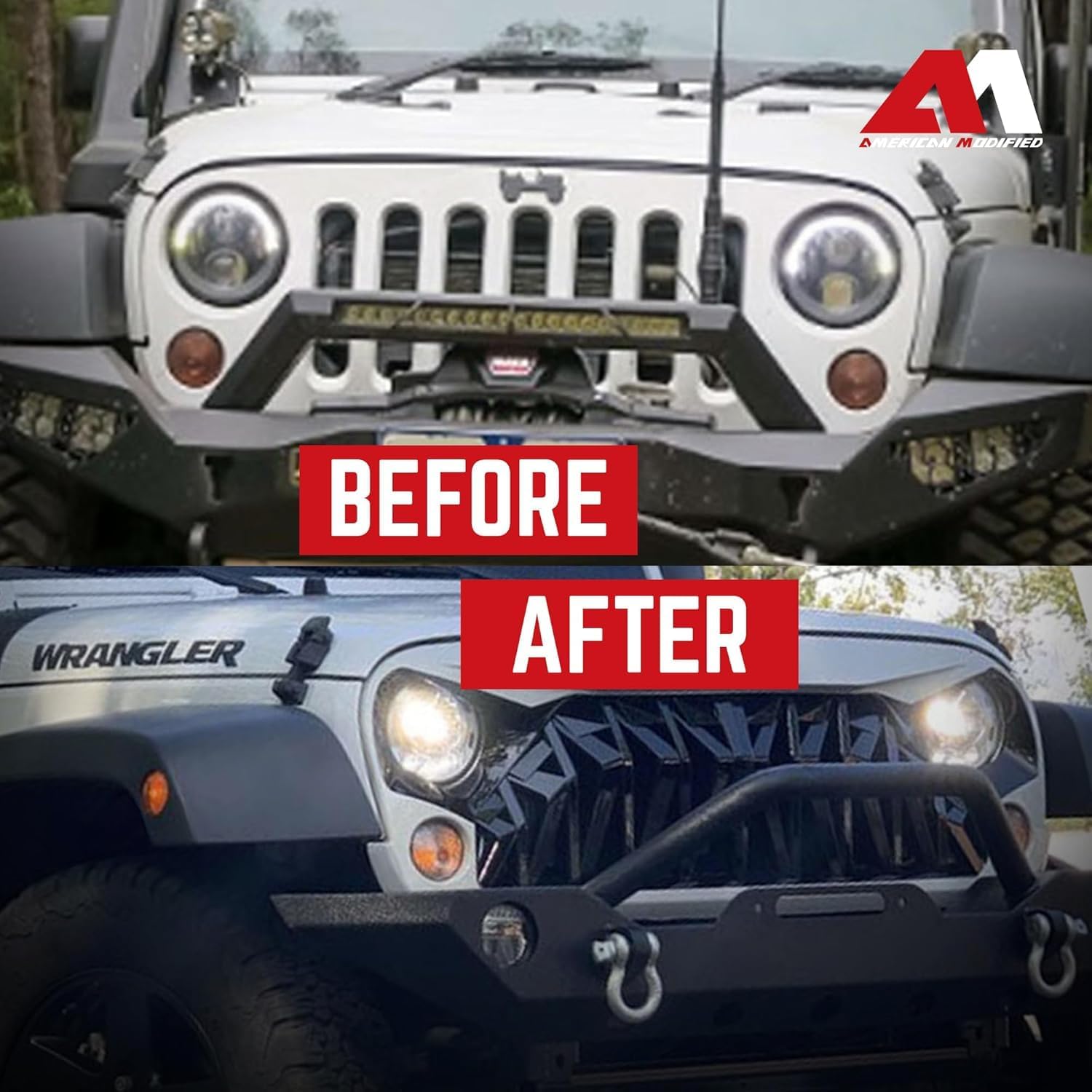 AMERICAN MODIFIED Heavy Duty Aggressive Front Shark Grille Compatible with 2007 to 2018 Jeep Wrangler, JK/JKU, Rubicon, and Sahara Sport Models, White and Black