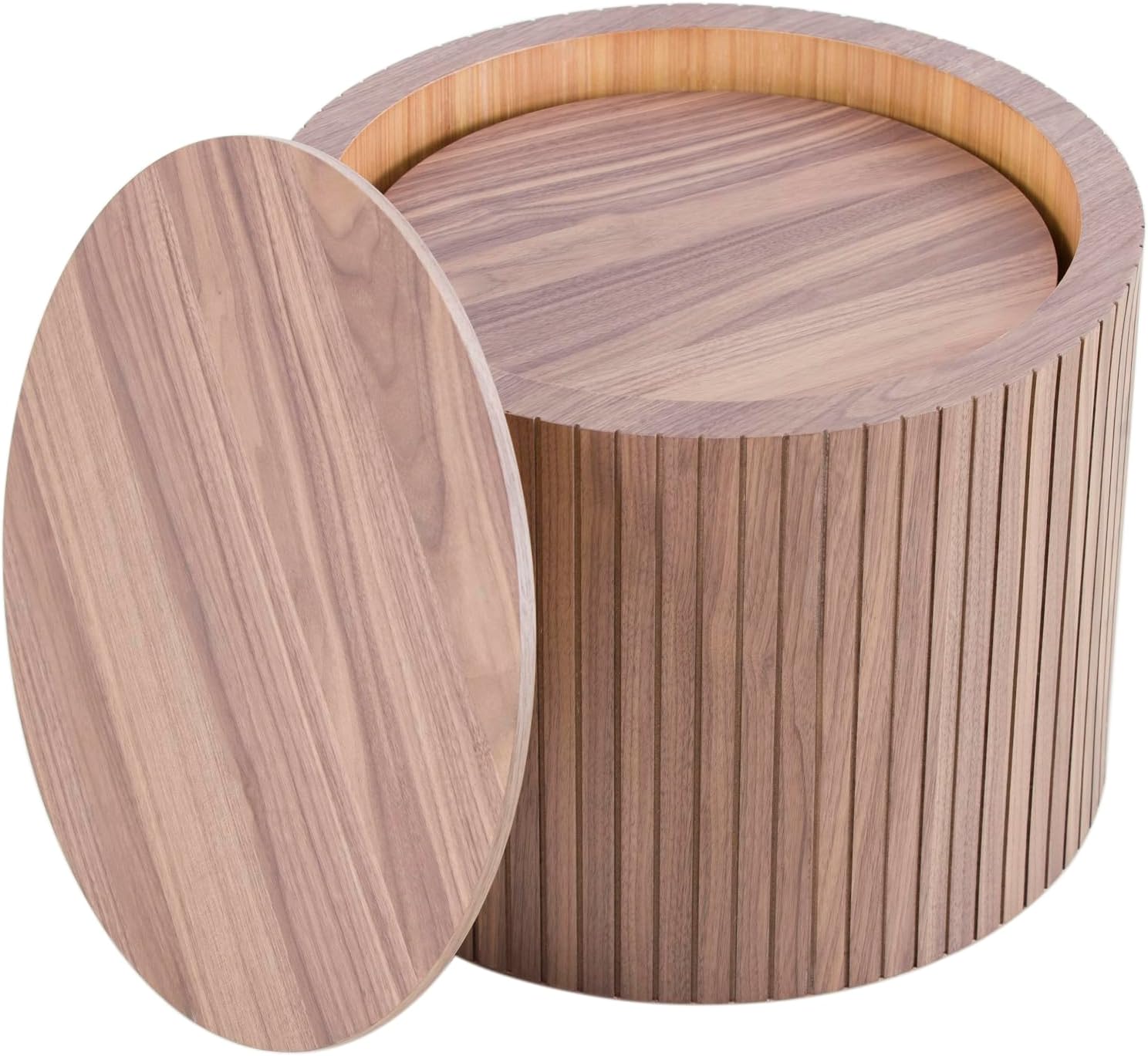 Round Coffee Tables with Storage Space, Set of 2 Modern Wooden Side Tables Accent Table End Table Flutted Nesting Table for Living Room Small Apartment, Walnut