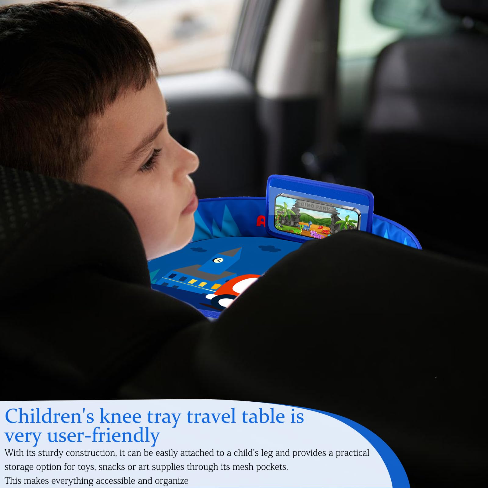 PRTIOK Tavolo da viaggio per bambini con tasche a rete: tavolino da viaggio per bambini, per giochi e tavolo da pranzo, tavolo da gioco, per passeggini, passeggini, auto, treno, blu