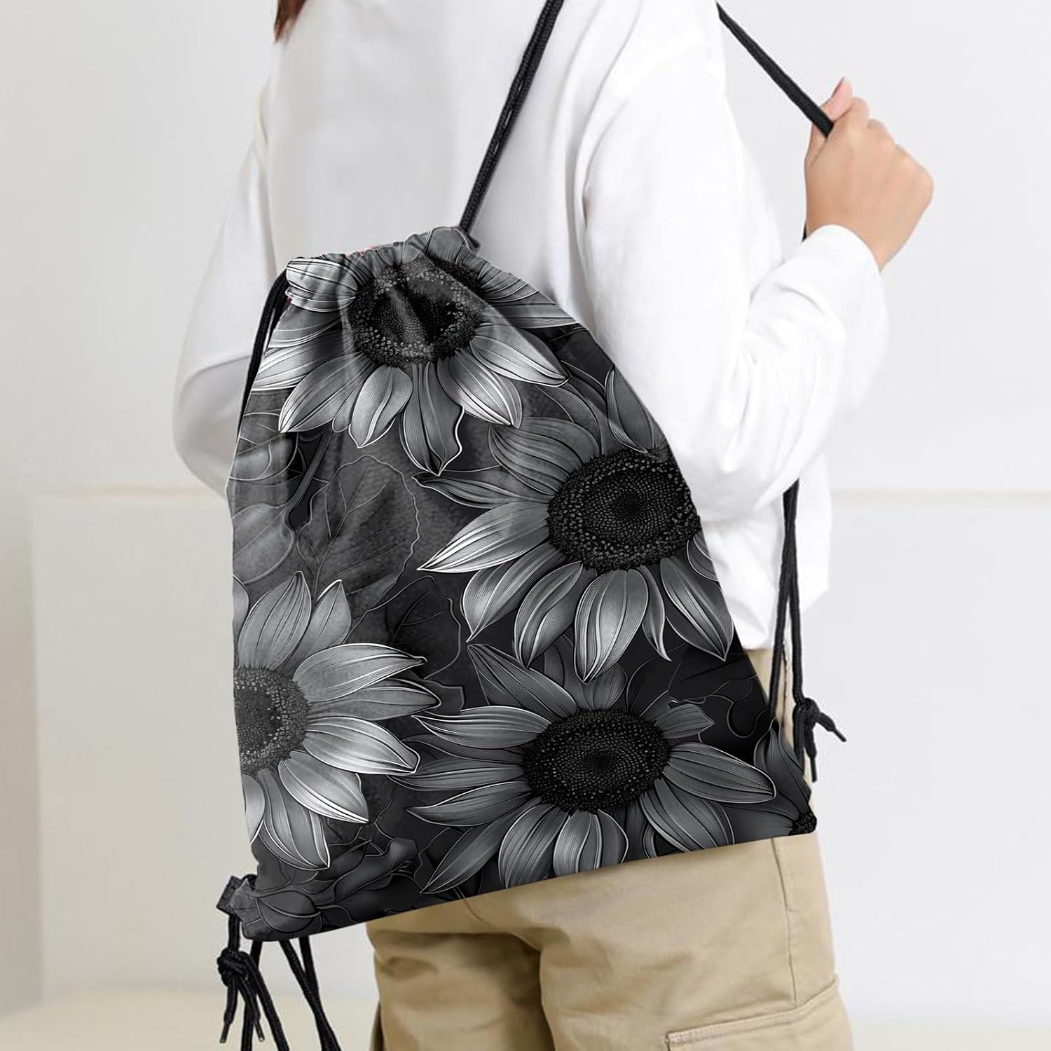 Drawstring Backpack Draw String Sports Bags for Gym Travel Beach Waterproof Cute Sackpack Men Women (13"×17")-Black Sunflower