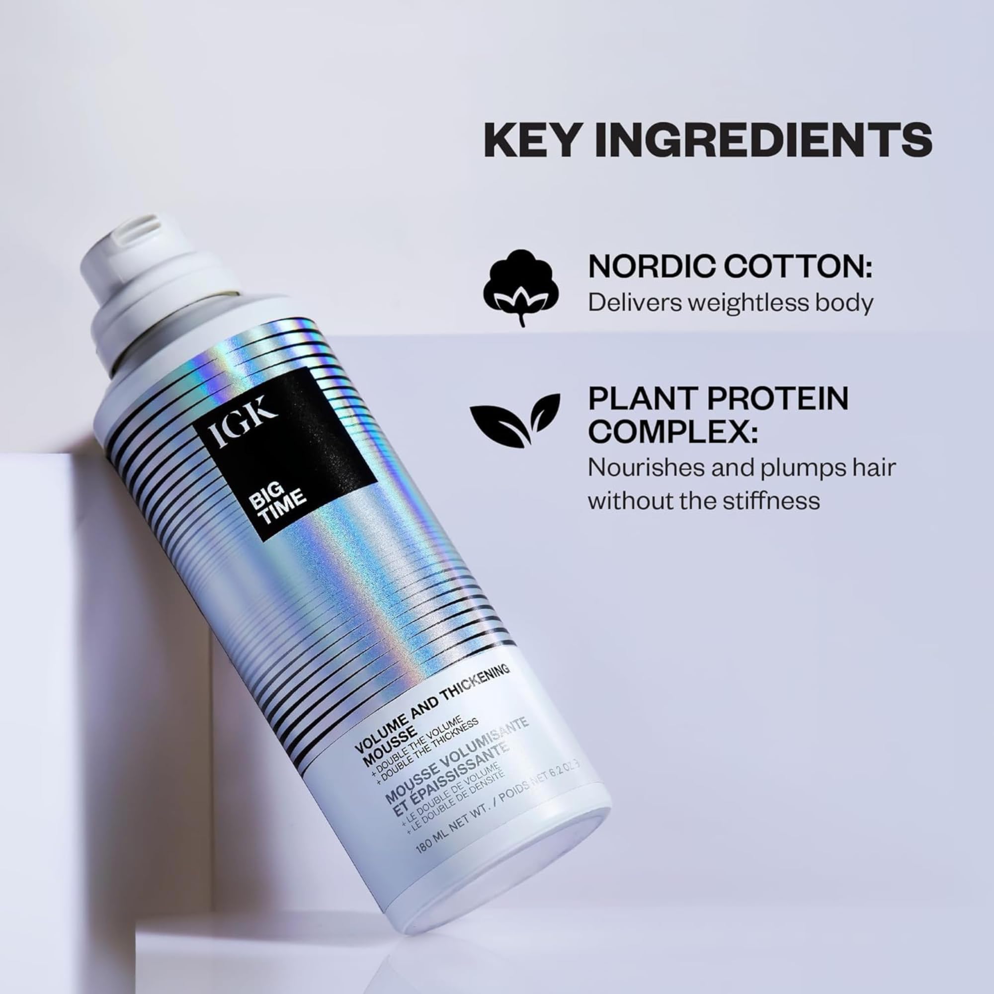 IGK BIG TIME Volume & Thickening Mousse | Flexible Hold Volumizing Styling Foam for Fine, Flat or Curly Hair | Lightweight Body, Frizz Control & Heat Protection | Vegan + Cruelty Free | 6.2 Oz