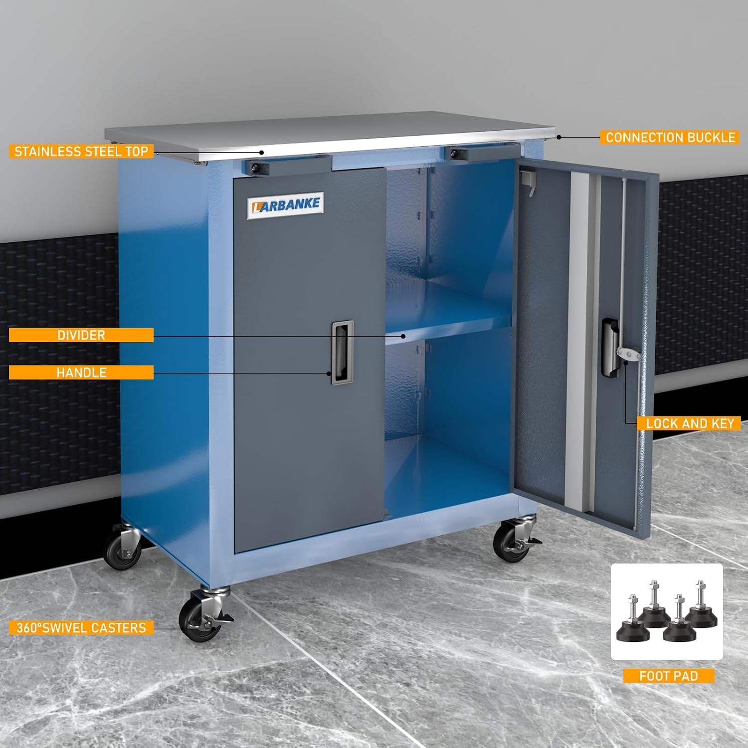 LARBANKE Tool Box Organiser:8-Drawer Tool Chest&Double-Door Tool Cabinet with Connection Buckle,Rolling Tool Chest with 360° Brake Swivel Wheels and Foot Pad,for Home,Garage Tool Storage
