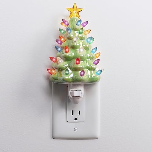 Miniatura 4 de Milltown Merchants Luz nocturna de cerámica para árbol de Navidad, árbol de Navidad enchufable con luces, árbol de cerámica vintage iluminado, mini