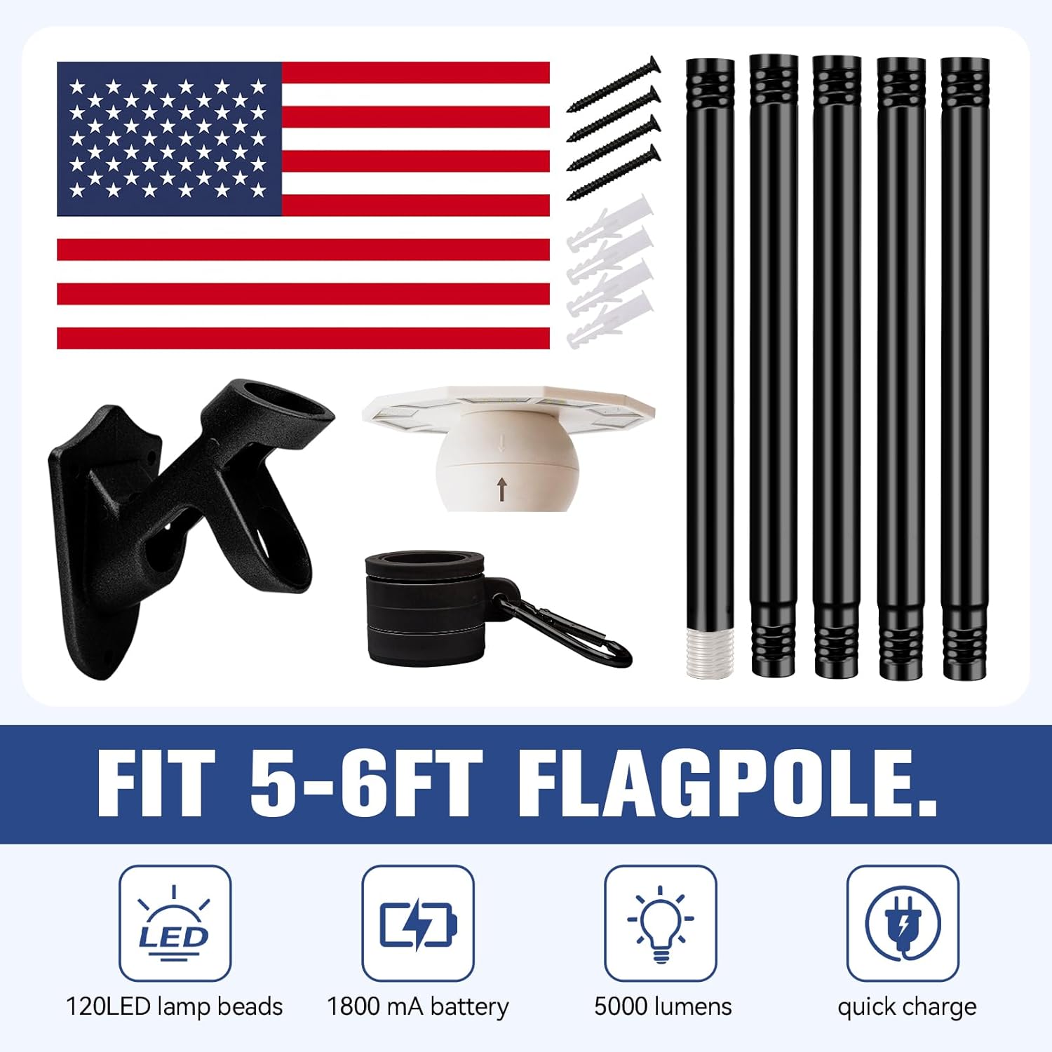 5FT Flag Pole Kit with Solar Light and 3x5FT American Flag, Stainless Steel Flagpole with 120LED Solar Light Dusk to Dawn, Wall Mount with Adjustable Bracket for Outdoor Porch.