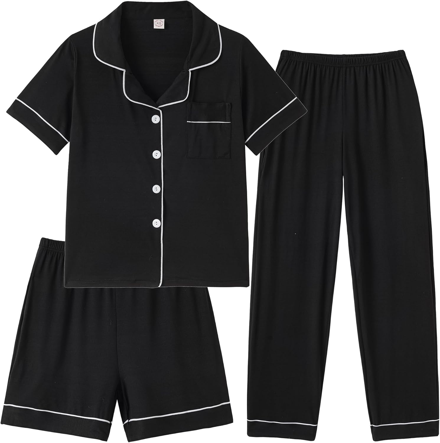 Girls Pajamas Short Sleeve Long Pants and Shorts 3 Piece Sleepwear Button Down Outf...