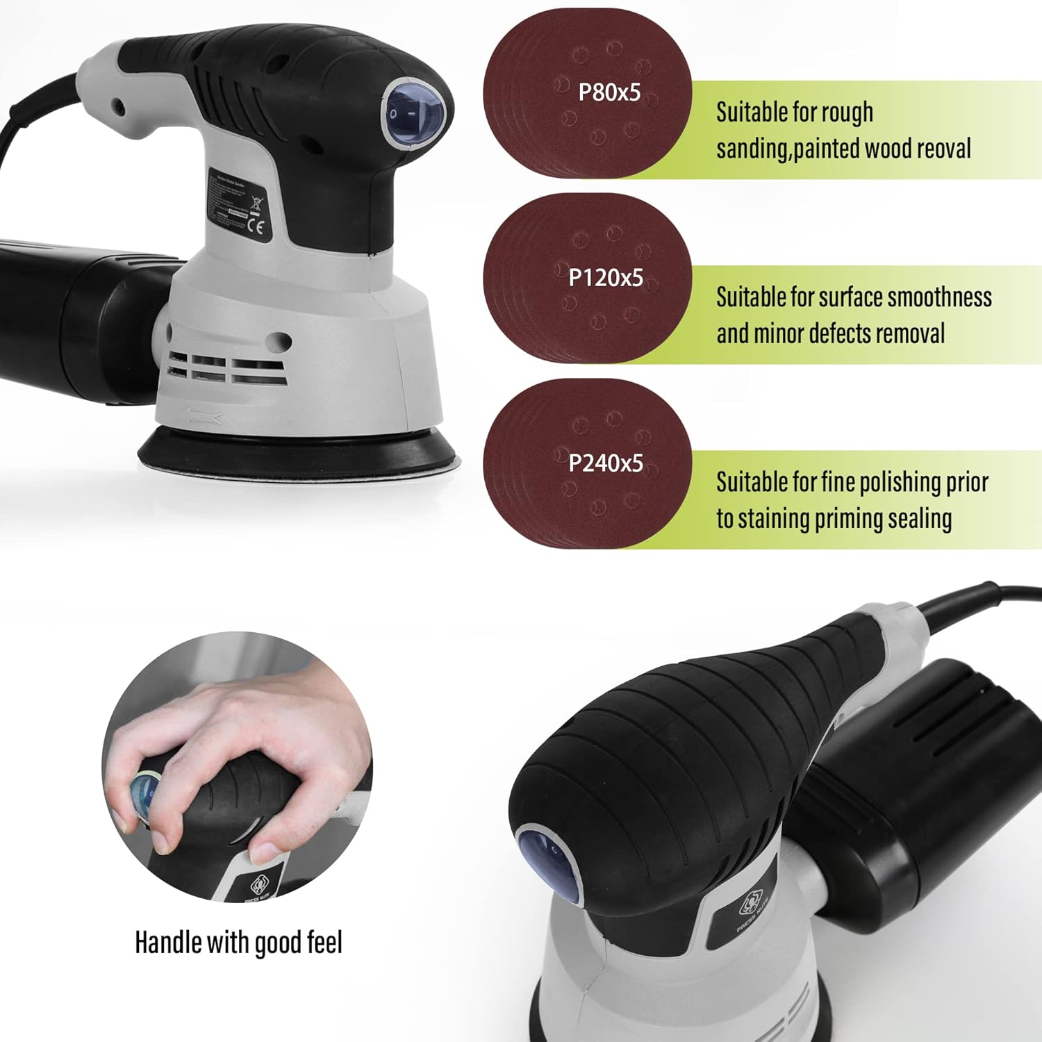 350W Electric Detail Sander, Orbital Sander with 15Pcs Sandpapers and 1