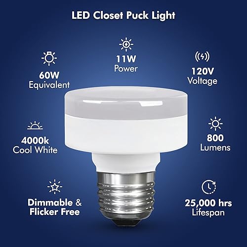 Miniatura 3 de Bombilla LED de disco para armario regulable 11 W 60 W de reemplazo 800 lúmenes 4000 K blanco frío base mediana E26 120 V certificación UL paquete