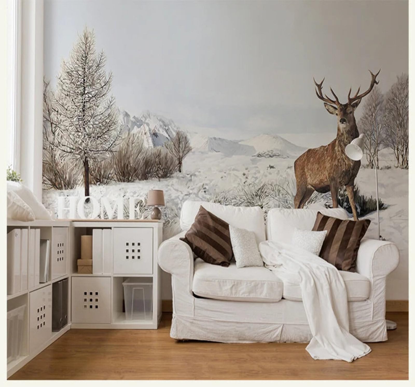 Xlming 400Cm×280Cm(B×H) Hand Drawn Animals Sika Deer Beautiful Snowy Scenery 3D Wallpaper Silky Texture Home Study Office Grey Dining Room Sofa Bedroom Living Room Tv Backdrop-400Cm×280Cm