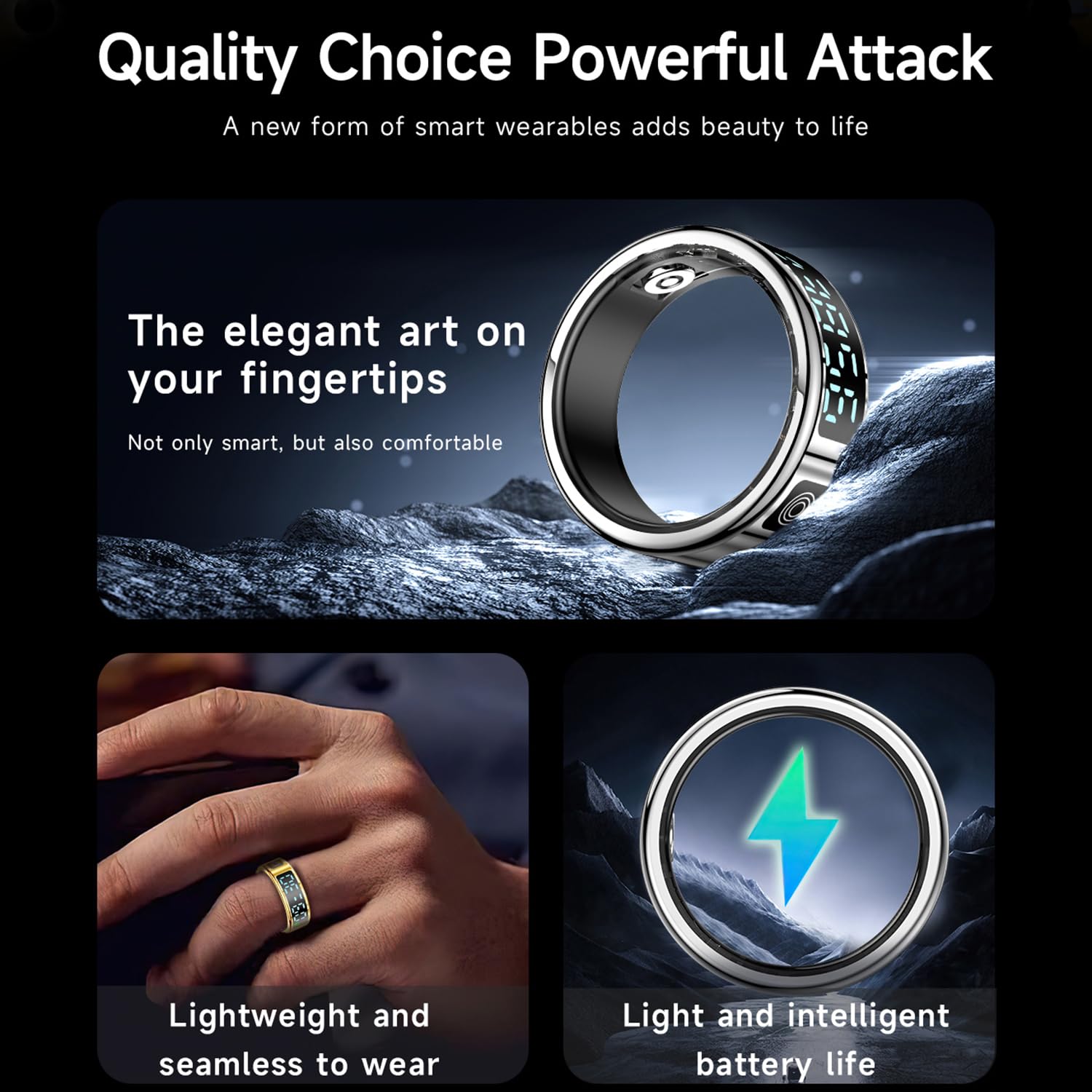 LONGLU Anillo Inteligente Unisex con Pantalla LED, Tracker Deporte Frecuencia Cardíaca/Oxígeno Sangre/Sueño/Deporte 5ATM Impermeable, Monitor Salud para iPhone y Android (Negro, 10)