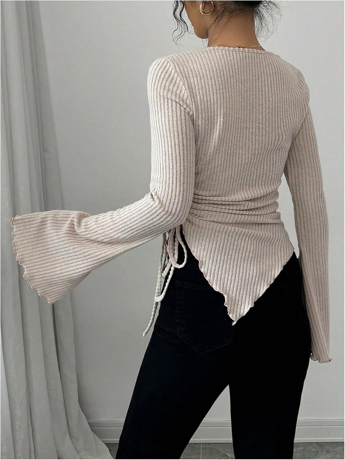 OYOANGLE Women's Ribbed Knit Going Out Y2K T Shirts Bell Sleeve Cowl Neck Fitted Tee Elegant Trendy Asymmetrical Tops - Image 3