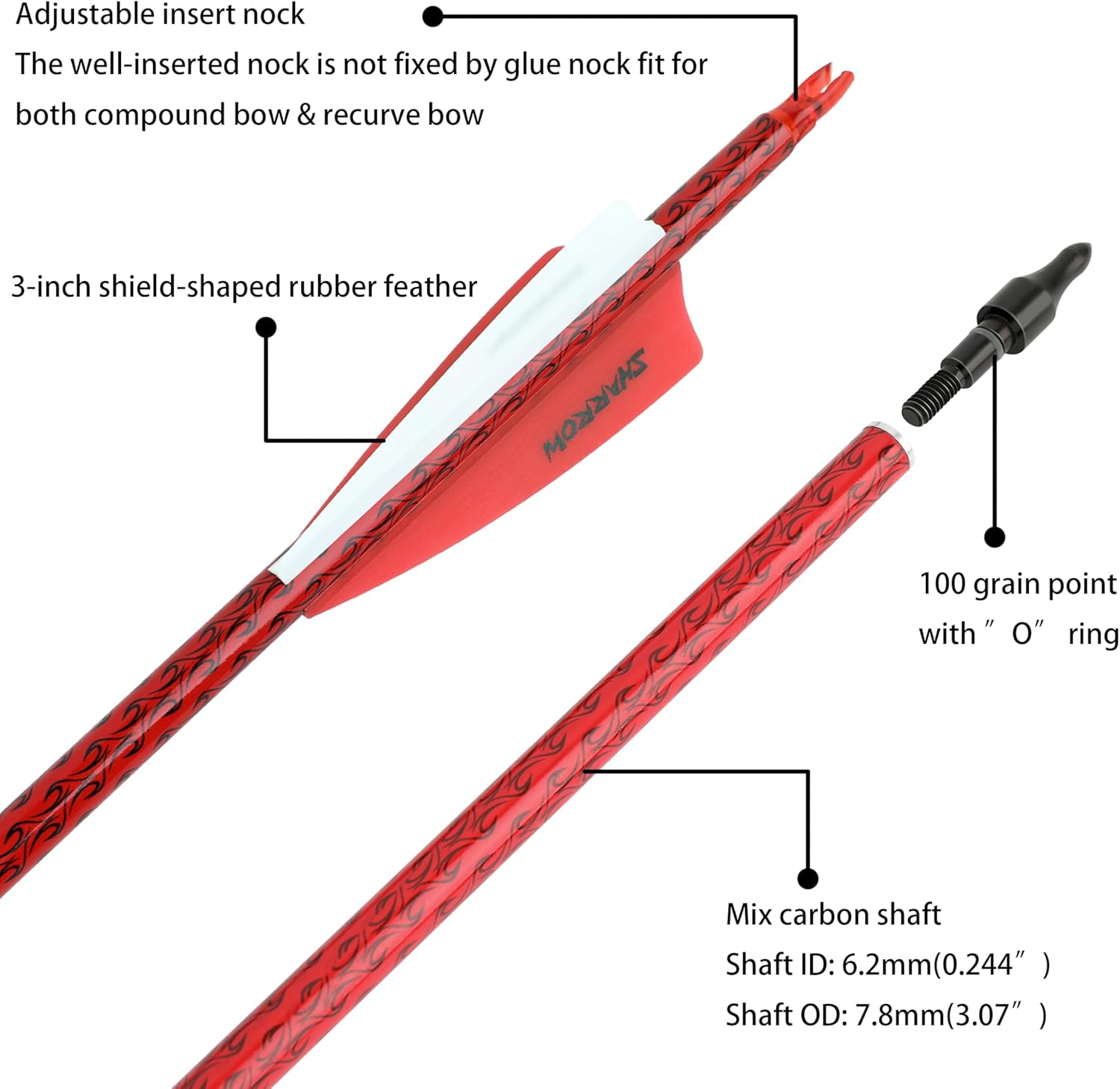 30 Inch Carbon Arrow Archery Targeting Hunting Arrows Spine 500 with 100 Grain Removable Tips for Compound & Recurve & Long Bow