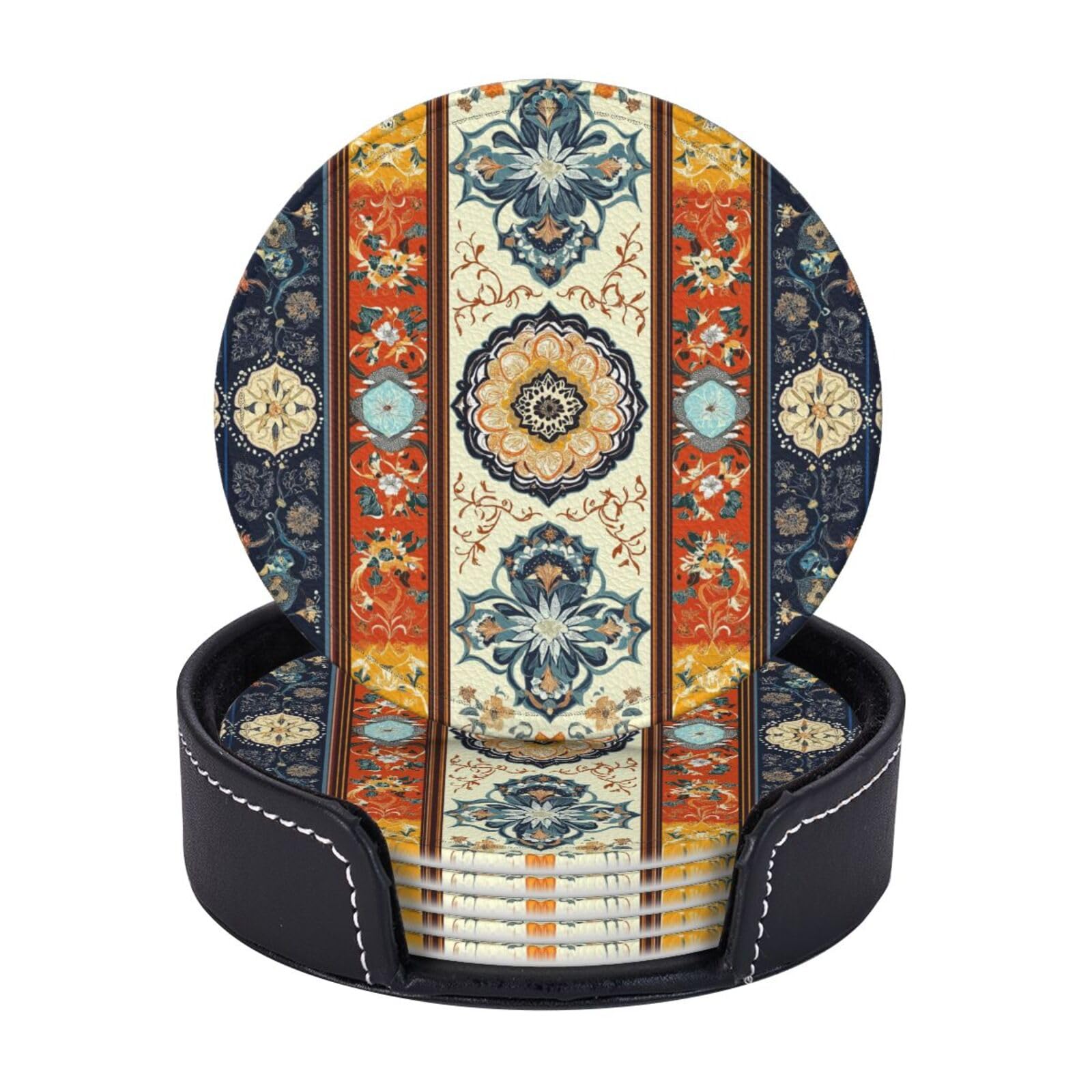 6 Pack Southwest Tribal Leather Coasters for Drinks with Holder Vintage Ethnic Floral Aztec Navajo Coasters Drink Table Cup Mat for Kitchen Dining Cafe Decor Round