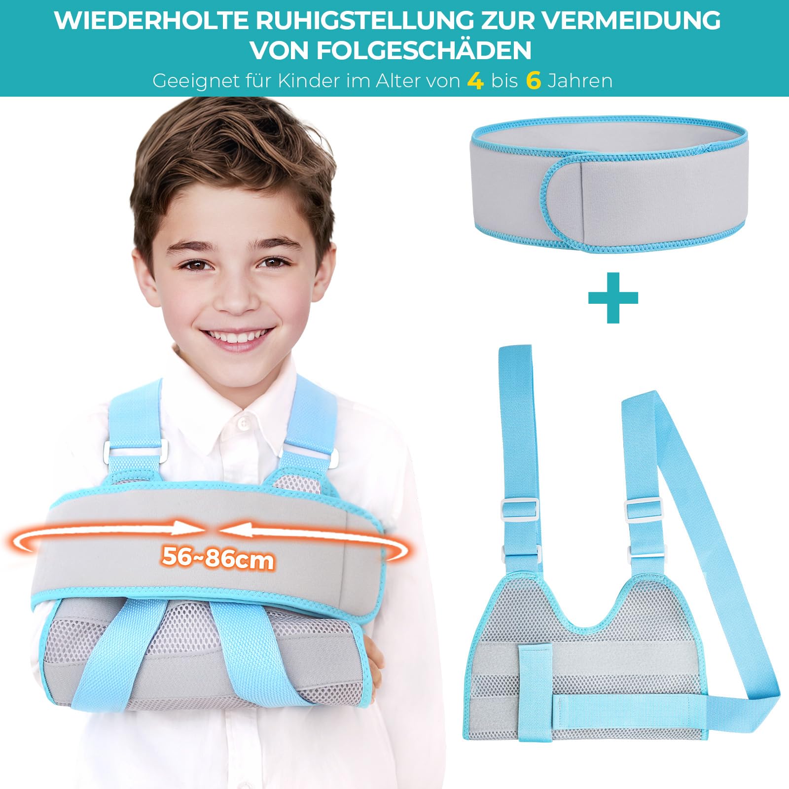 ENLUNTRA Armschlinge für Kinder,Kinder-Unterarmschlinge,Verstellbarer, atmungsaktiver Ellenbogenstützgurt,Geeignet für die Genesung nach Armfrakturen und Ellenbogen-/Schulterverletzungen.grau.XS