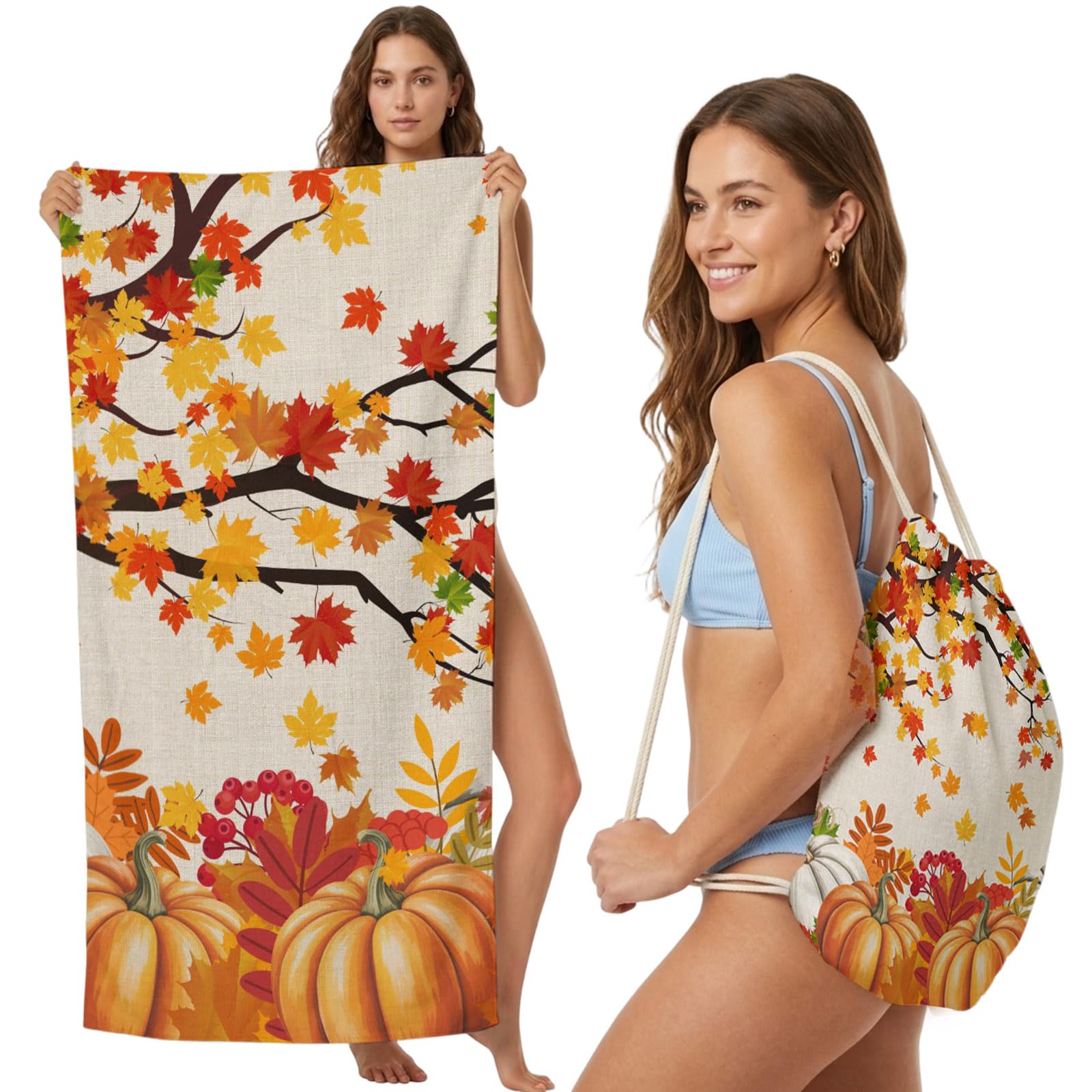 FWJZDSP 2-in-1 Beach Towel Backpack,Vintage Thanksgiving Maple Leaf Bath Towel with Built-in Storage Watercolor Pumpkins Convertible Foldable Beach Blanket for Travel Pool Gym Camping Swim,31x63in