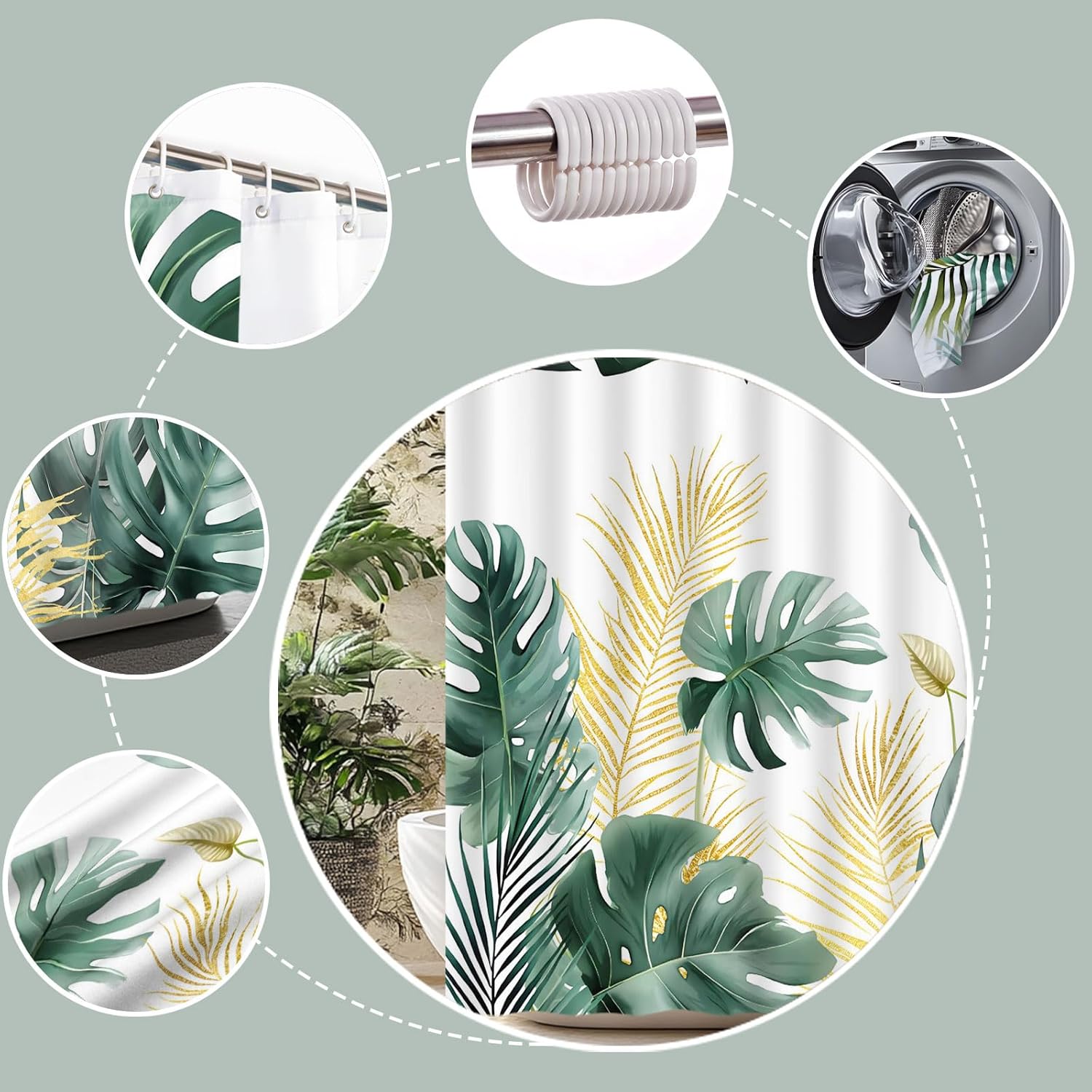 Tropical Leaves Shower Curtain Gold Green Palm Banana Leaf Monstera Plant Rainforest Watercolor Jungle Spring Summer Nature Plants Bath Curtain Fabric Bathroom Accessories Decor with Hooks 70W x90L