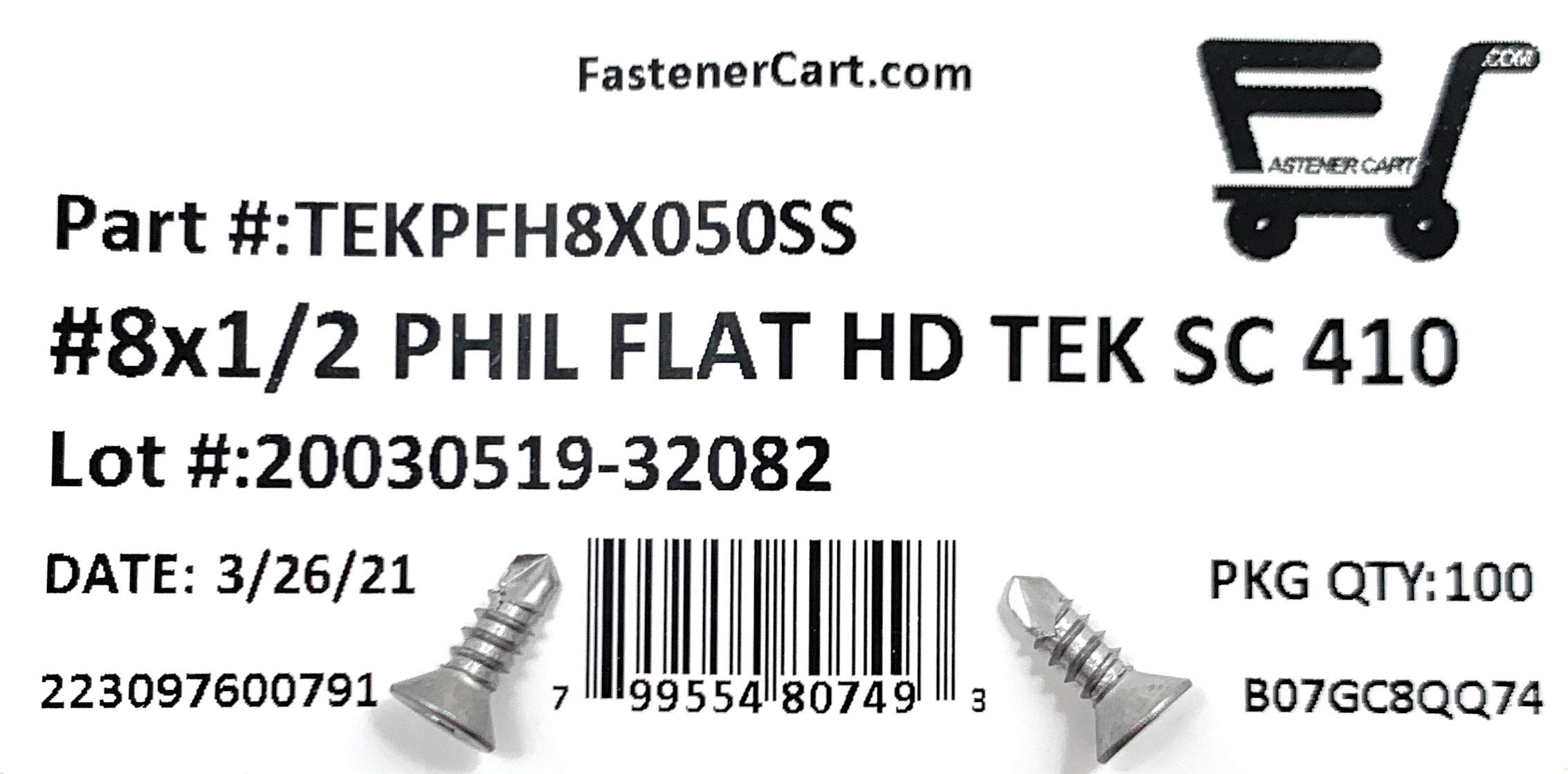 #8x1/2 Stainless Steel Phillips Flat Head Self Drilling Tapping TEK Screw (410 Stainless Steel) 100 Pieces 8X1/2