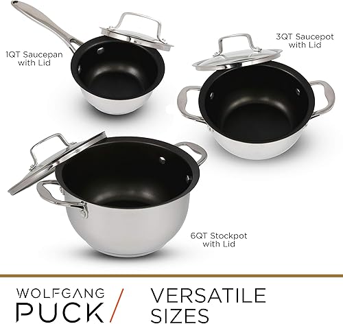 Miniatura 5 de Wolfgang Puck Juego de 6 ollas y sartenes de acero inoxidable utensilios de cocina antiadherentes resistentes a los arañazos, tapas de vidrio