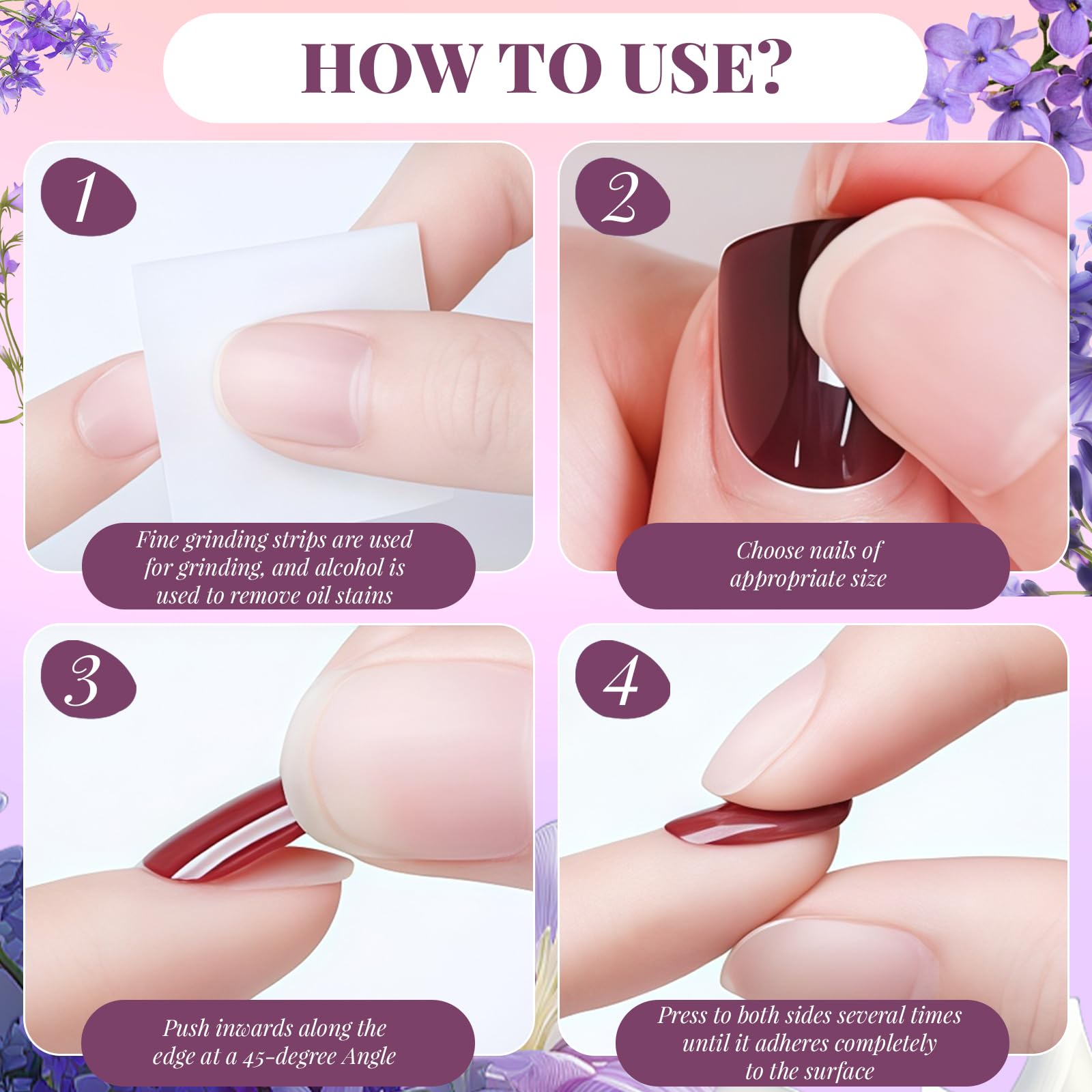 AstraGlam 24PCS Purple French Press on Nails, Short Square Soft Gel False Nails with Floral Design and Glitter - Image 4