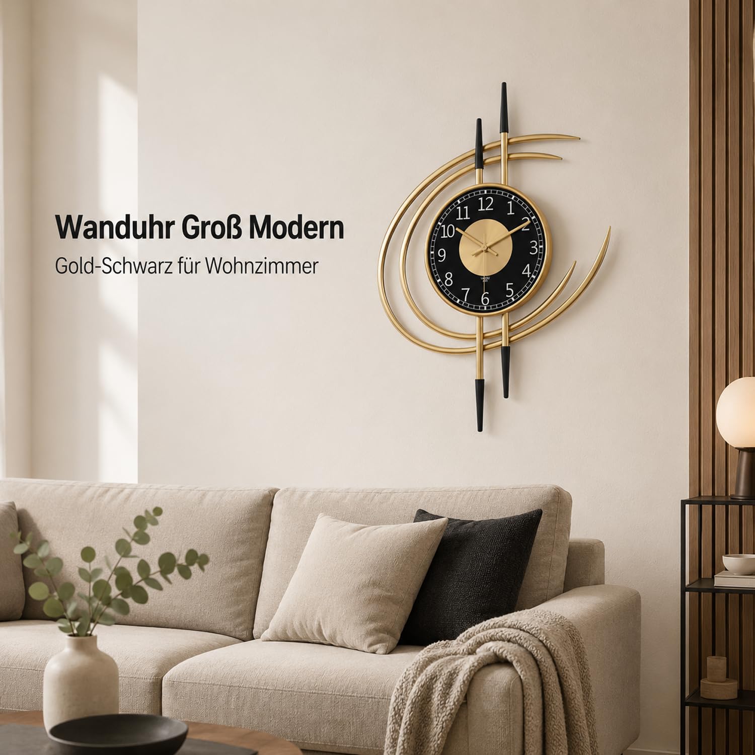 LANMOU Wanduhr Groß Modern 54cm, Gold Schwarz Metall wohnzimmeruhr Deko | Uhr Wand ohne Tickgeräusche, Lautloses Quarzwerk sorgt beim Lesen fuer Ruhe, edle Form, Batterieeinsatz, einfache Aufhaengung