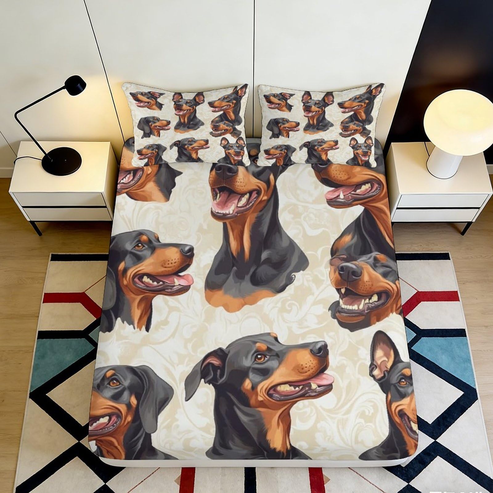 3D Printed Doberman Dog Pattern Fitted Sheet Microfiber Soft Bed Cover for Bedroom Guest Room Decor Protection 90x200x25cm