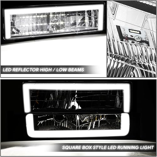 Miniatura 3 de DNA MOTORING Faro LED DRL estilo caja cuadrada+señal de parachoques+lámparas de esquina compatible con 88-93 Chevy CK1500-3500, cromoámbar,