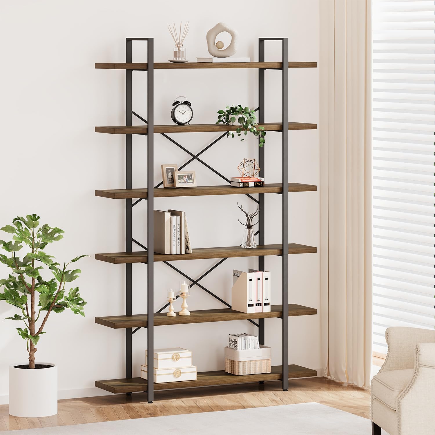 HSH Tall Bookcases and Book Shelves 6 Shelf, Metal Wooden Book Shelf and Storage Rack, Modern Etagere 6 Tier Bookshelf, Farmhouse Large Display Bookshelves for Bedroom Living Room Office, Rustic Oak