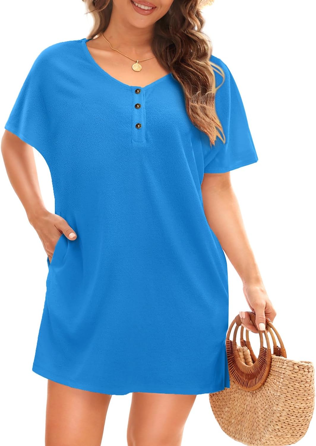 Pinup Fashion Women's Terry Cloth Swim Cover Up Short Sleeves Coverup with Pockets